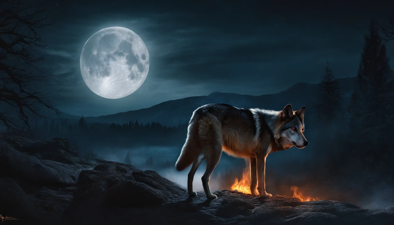 "A lone wolf under the full moon on fire"