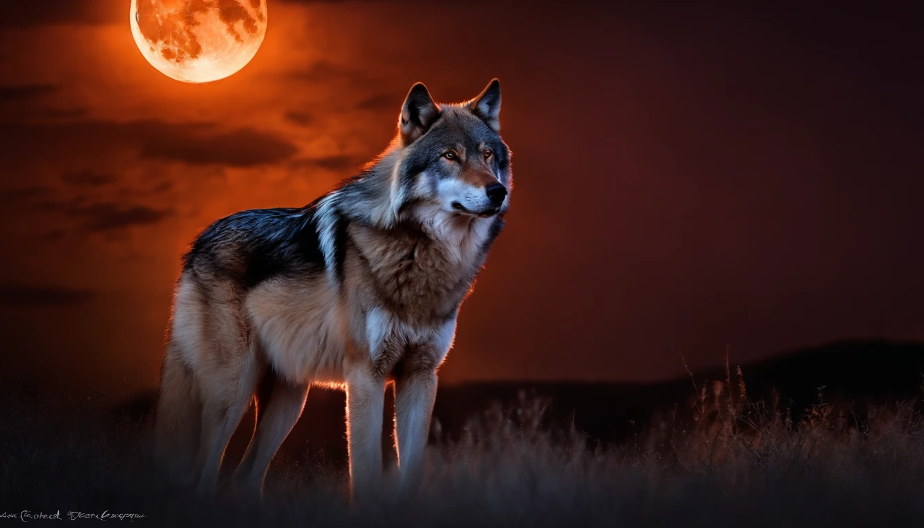 "A lone wolf under the full moon on fire"