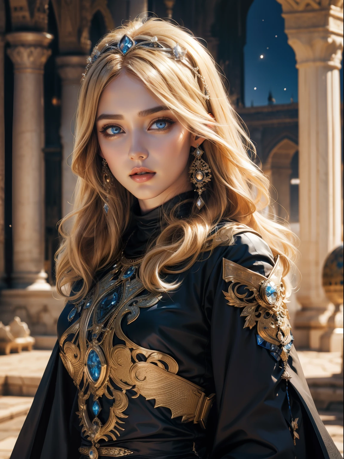 Very beautiful princess bright eyes european face portrait zoom sexy sexy sexy crystalline eyes light blonde hair long islamic caftan moroccan blue and black wear hyper realistic style super detailed dynamic shot centerpiece scene