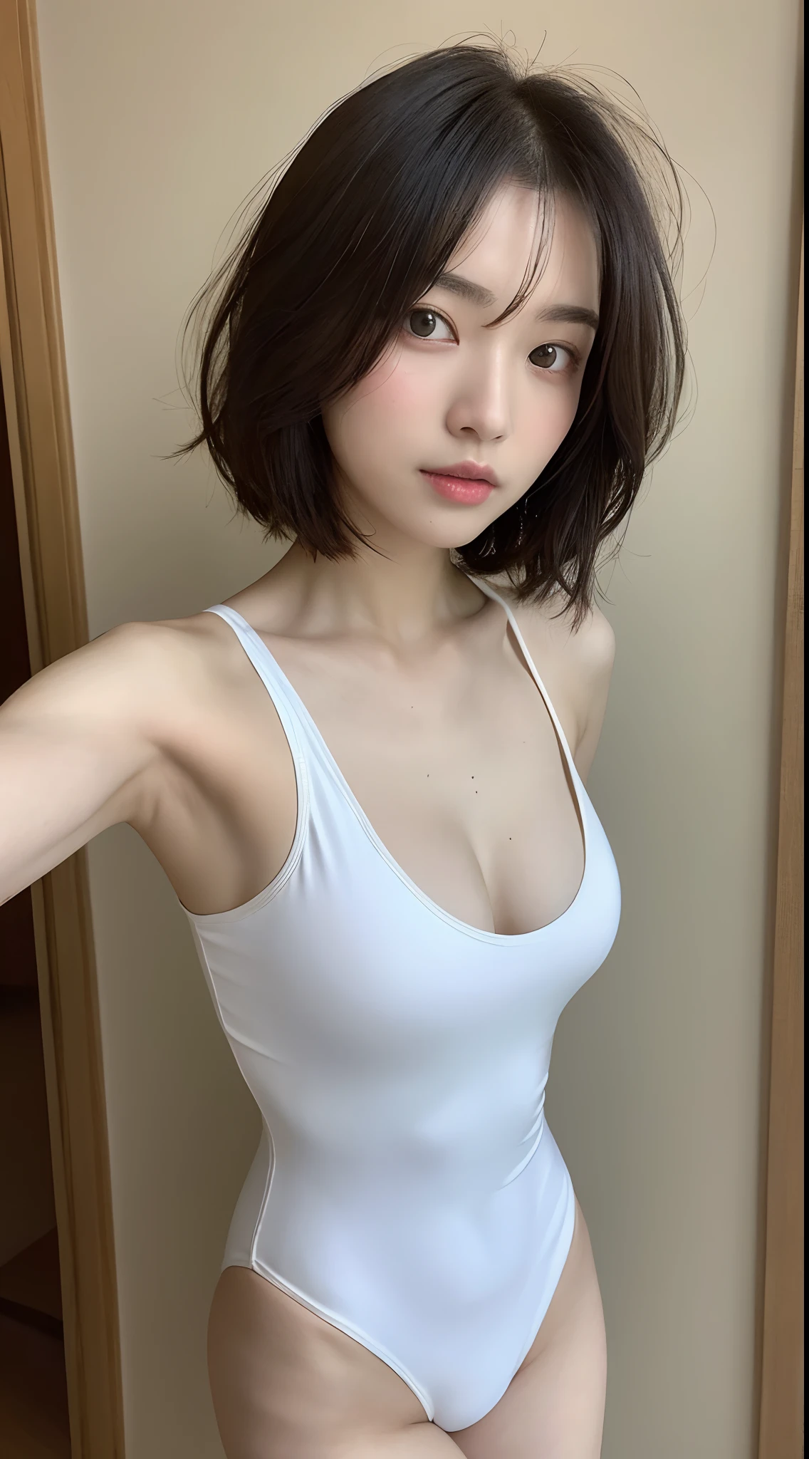 ((Top Quality, 8k, Masterpiece: 1.3)), 1 Woman, Slender Swimsuit Highlighted Beautiful Girl: 1.3, (Short Hairstyle, Big: 1.2), Plain Clothes: 1.2, Indoors, Ultra Detailed Face, Detailed Eyes, Double Eyelids