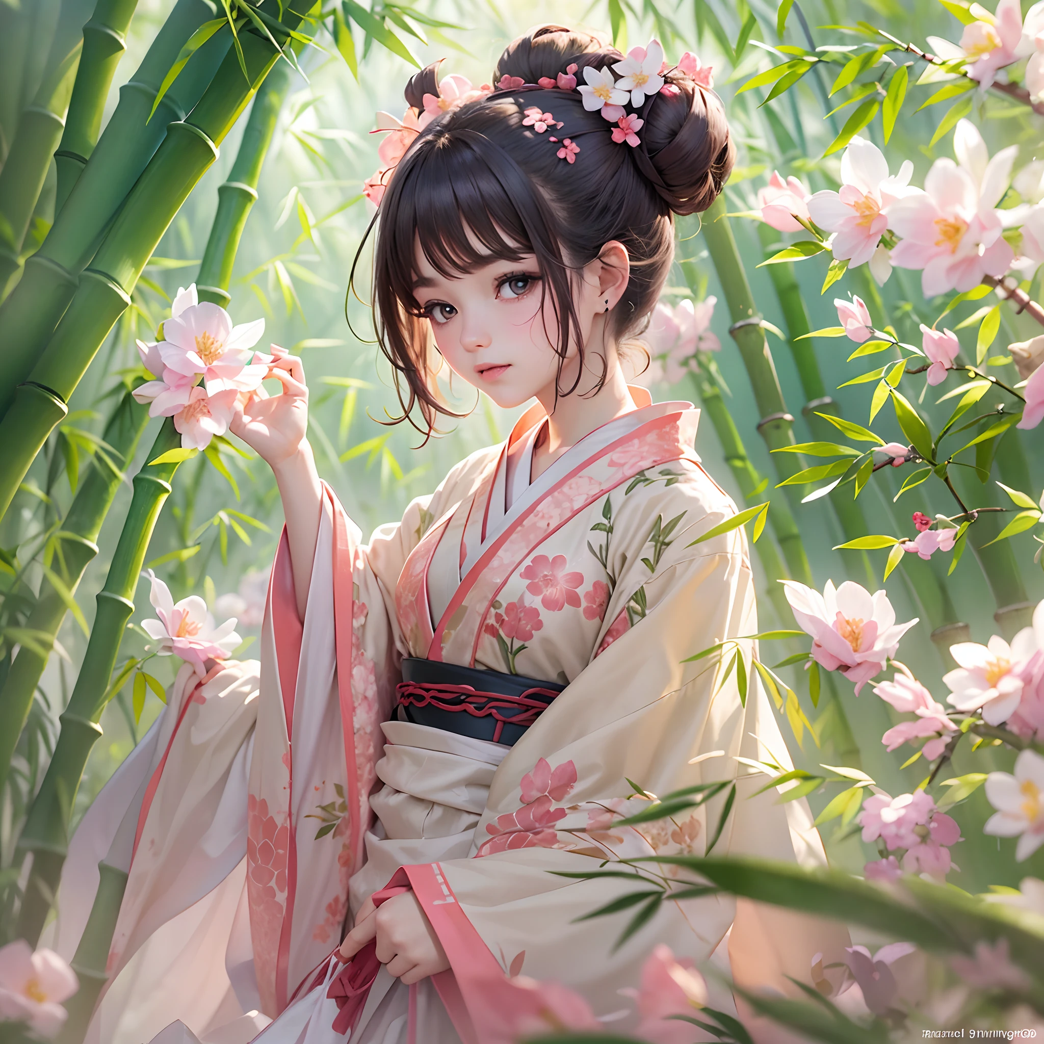 In a garden full of peach blossoms,(Masterpiece peach blossom),Peach blossoms fall,a  lovely kid gianatomy correct,wearing a hanfu,Delicate facial features,The skin is delicate and rosy,Black colored eyes,with short black hair,Tie your hair into a bun,ssmile,earnest,(Look at Bamboo Jane:1.4),tmasterpiece,plethora of colors,Best quality,Cinematic lighting effects,A high resolution,high detal,(illustratio,3Drenderingof)