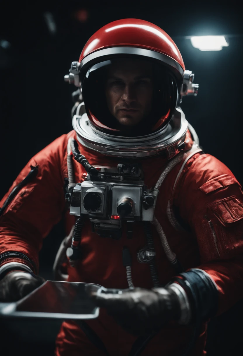 (best quality,highres),red colored astronaut,holding knife,staring at you,astronaut suit,space helmet,sharp blade,determined expression,cosmic background,vivid colors,dark atmosphere,detail description,portraits