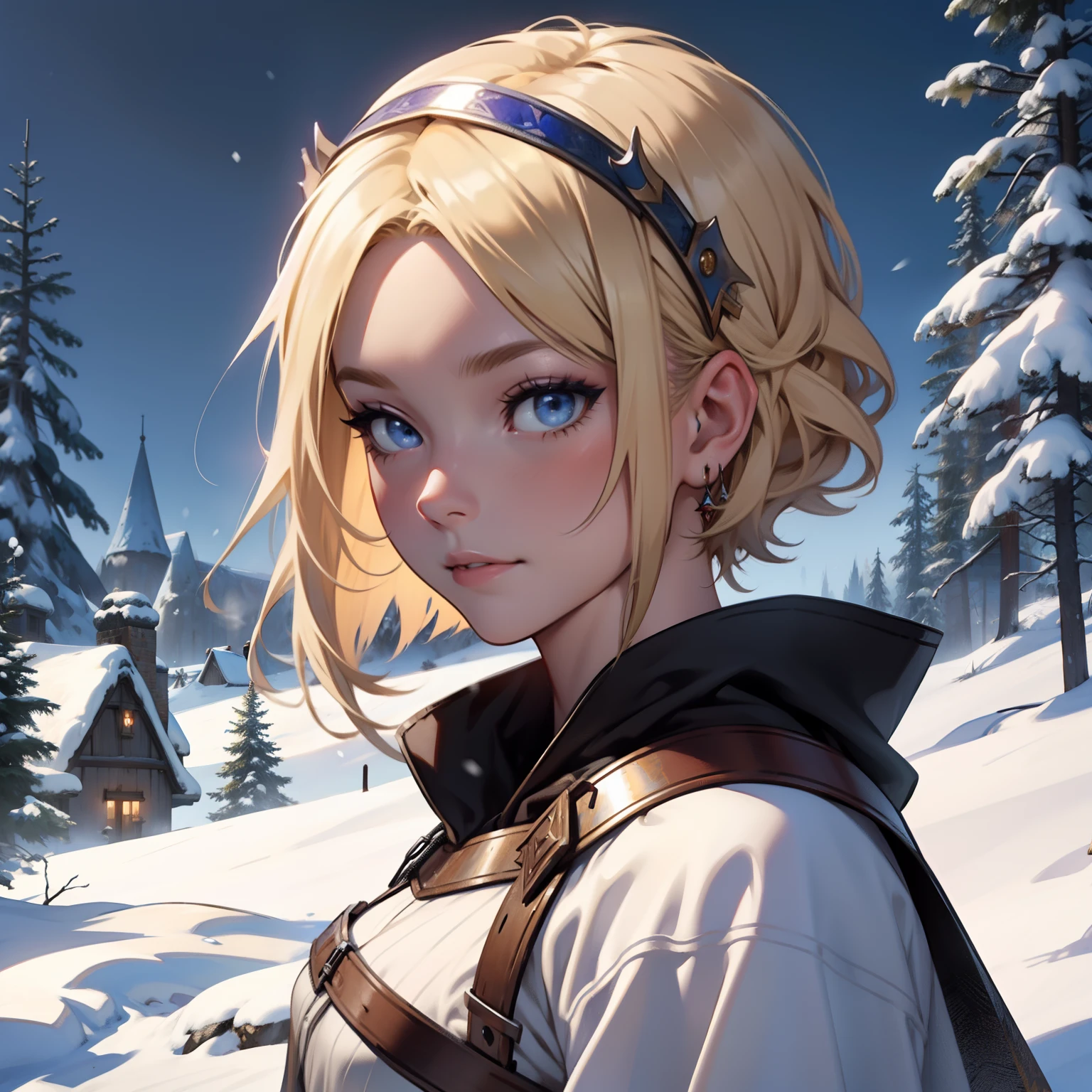 Viking Princess. Beautiful Short Blonde Hair. Medieval art. Snowy Background