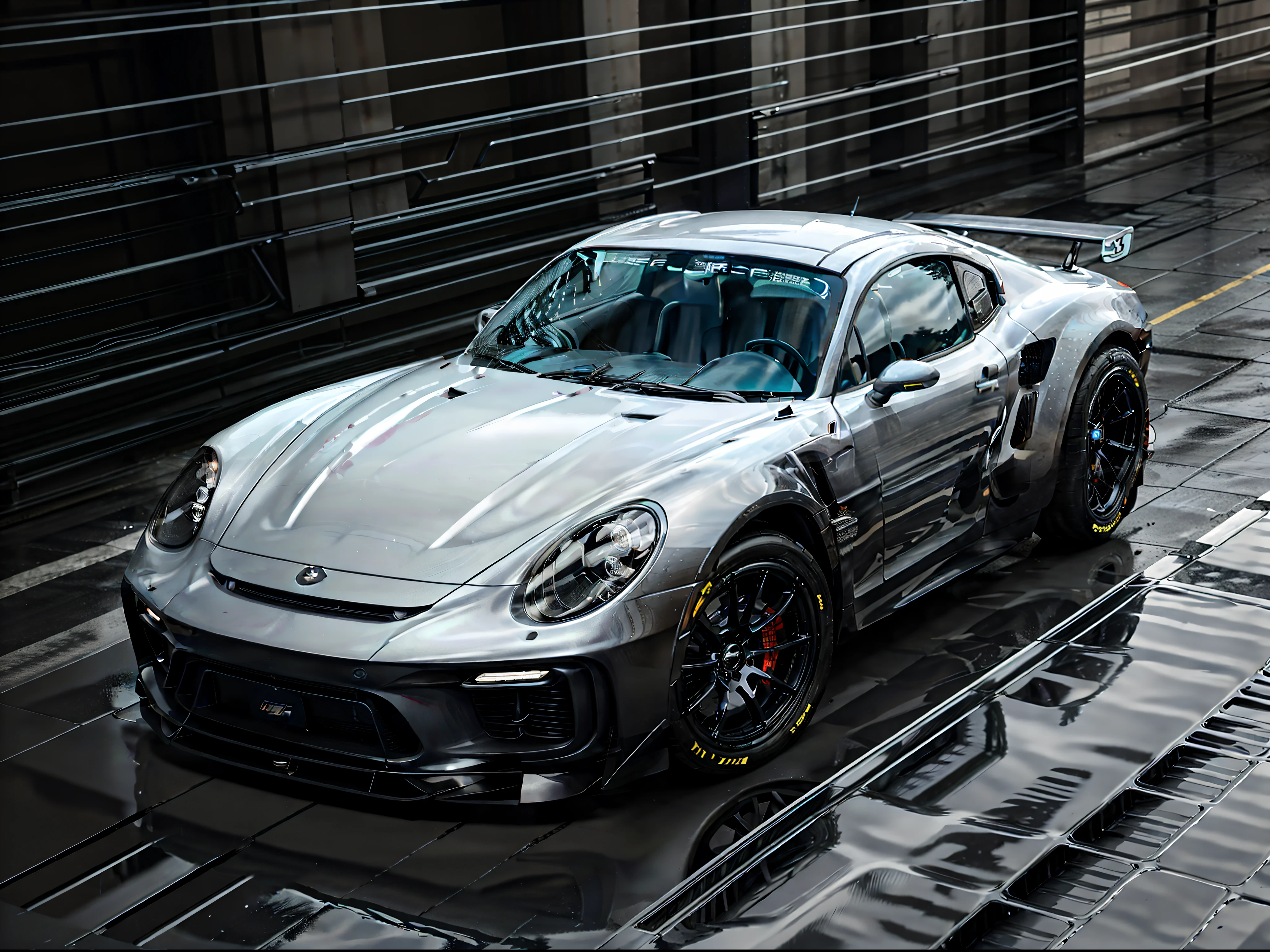 （Ultra-photorealistic quality）、cyberpunked、Equipment of the near future、Beautiful ultra-fine painted surface、masuter piece，8k wallpaper，nffsw，Ultra-high image quality，light and shadow effect 、((Dark Grey Cayman GT4 RS　1Car)), Ultra-realistic representation faithful to live action、Gran Trismo logo decal on wind window、The front hood is black wet carbon、The ride height is quite low、Forged wheels、Slightly larger rear wheel、Tilt forward slightly、Front lights painted dark smoke、Scramble crossing in Shibuya、city light at night、All 4 wheels、There is a camber angle on the outside（Negative camber)Has a、Wearing race tires、Professional Outdoor Lighting、Model 981。