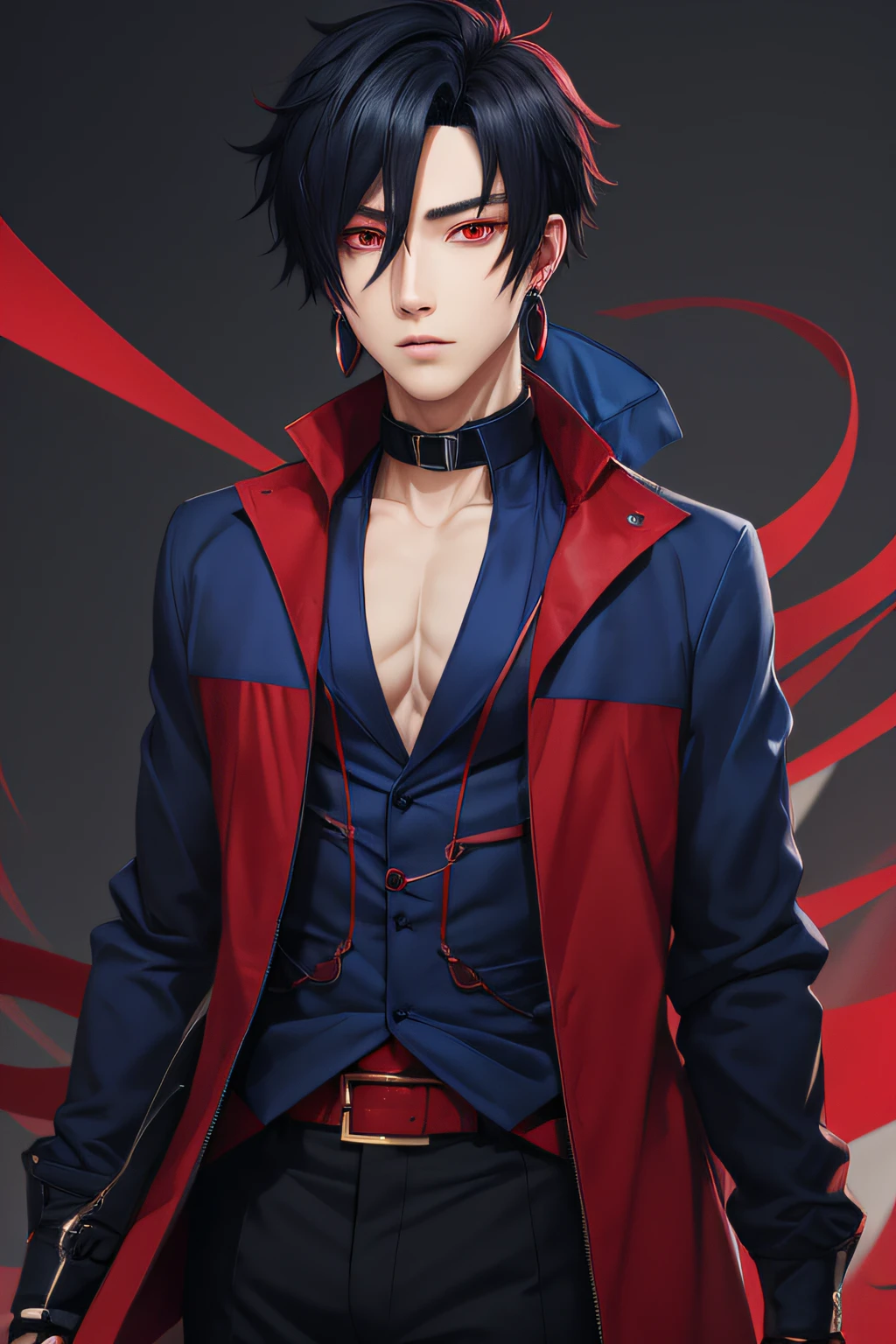 male anime character, Red eyes, Black hair, Long blue hourglass earrings, Blue, Clothes in red and black tones, Male