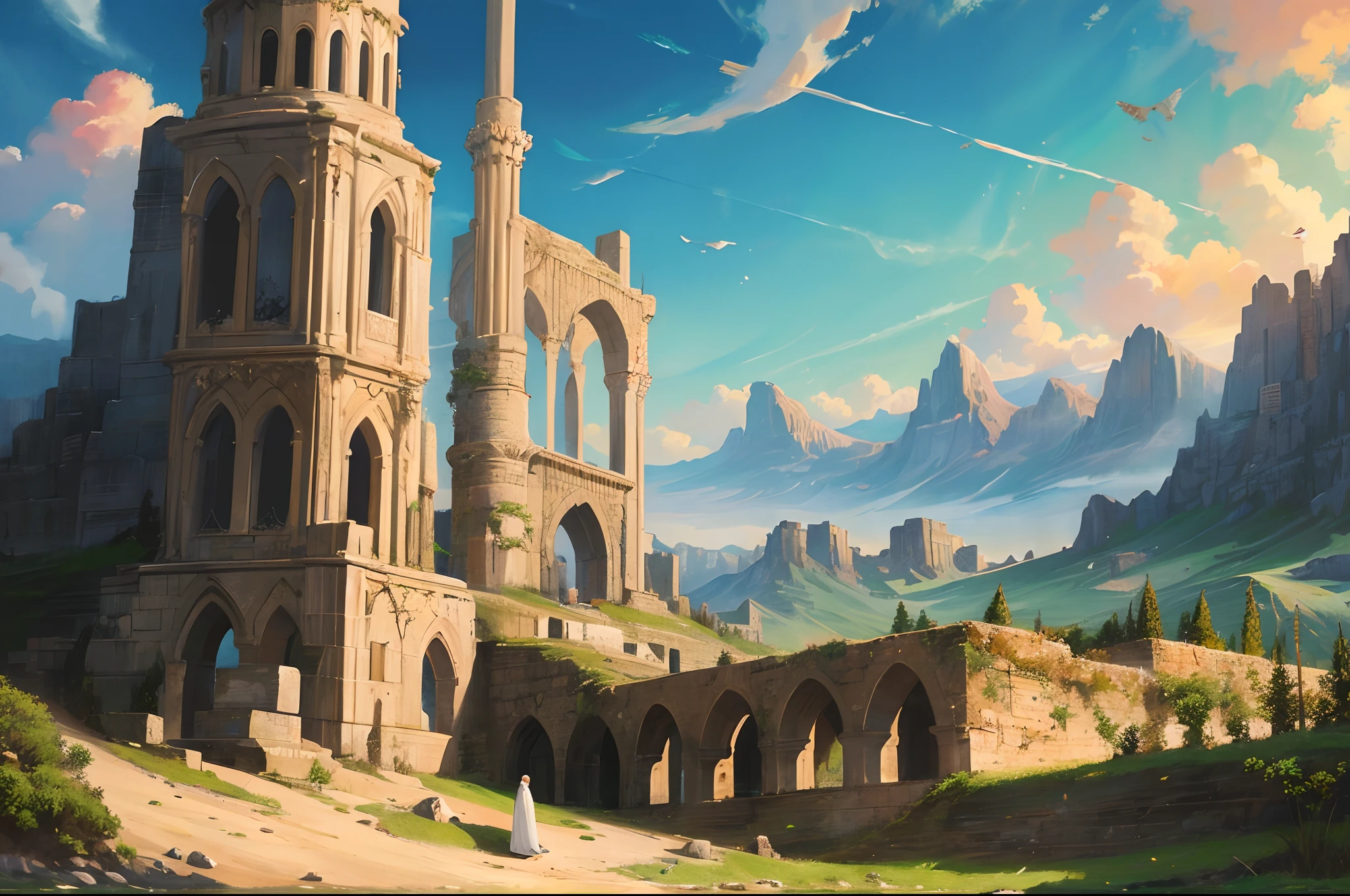 Arabic letters descend from the sky to Prophet Moses standing on a mountain, masterpiece, high detail, digital painting,