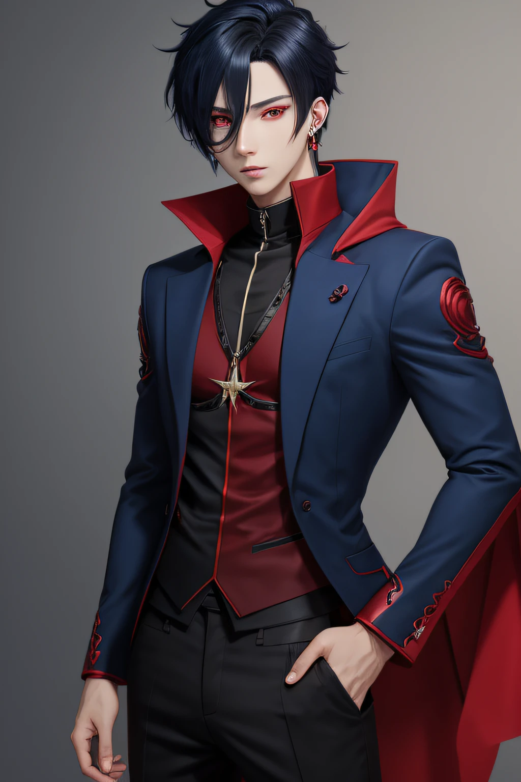 male anime character, Red eyes, Black hair, Long blue hourglass earrings, Blue, Clothes in red and black tones, Male