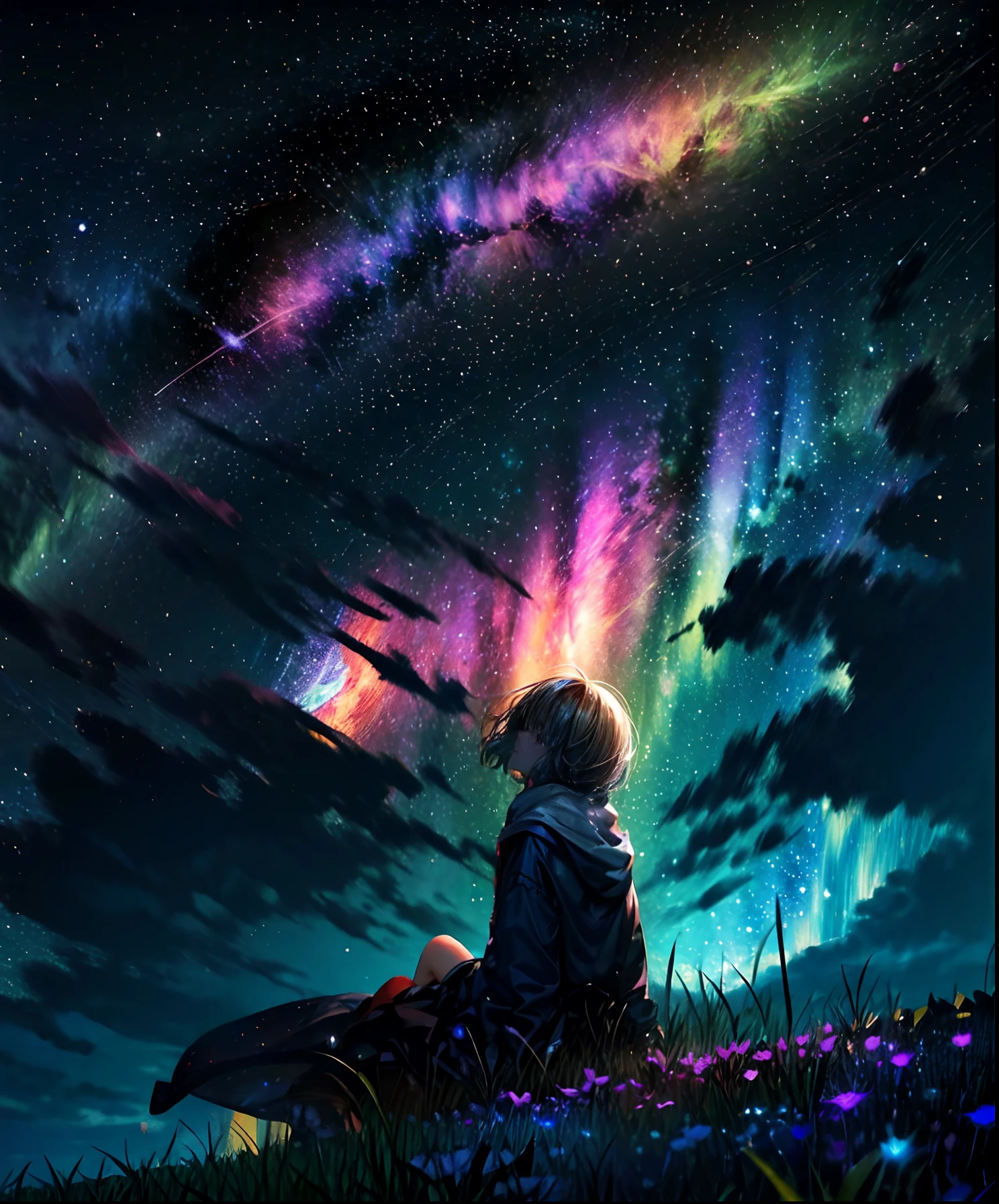 Describe a scene where a cute girl character is lying on a grassy hill, Looking up at the starry sky. Surround her with colorful nebulae and her favorite constellations.