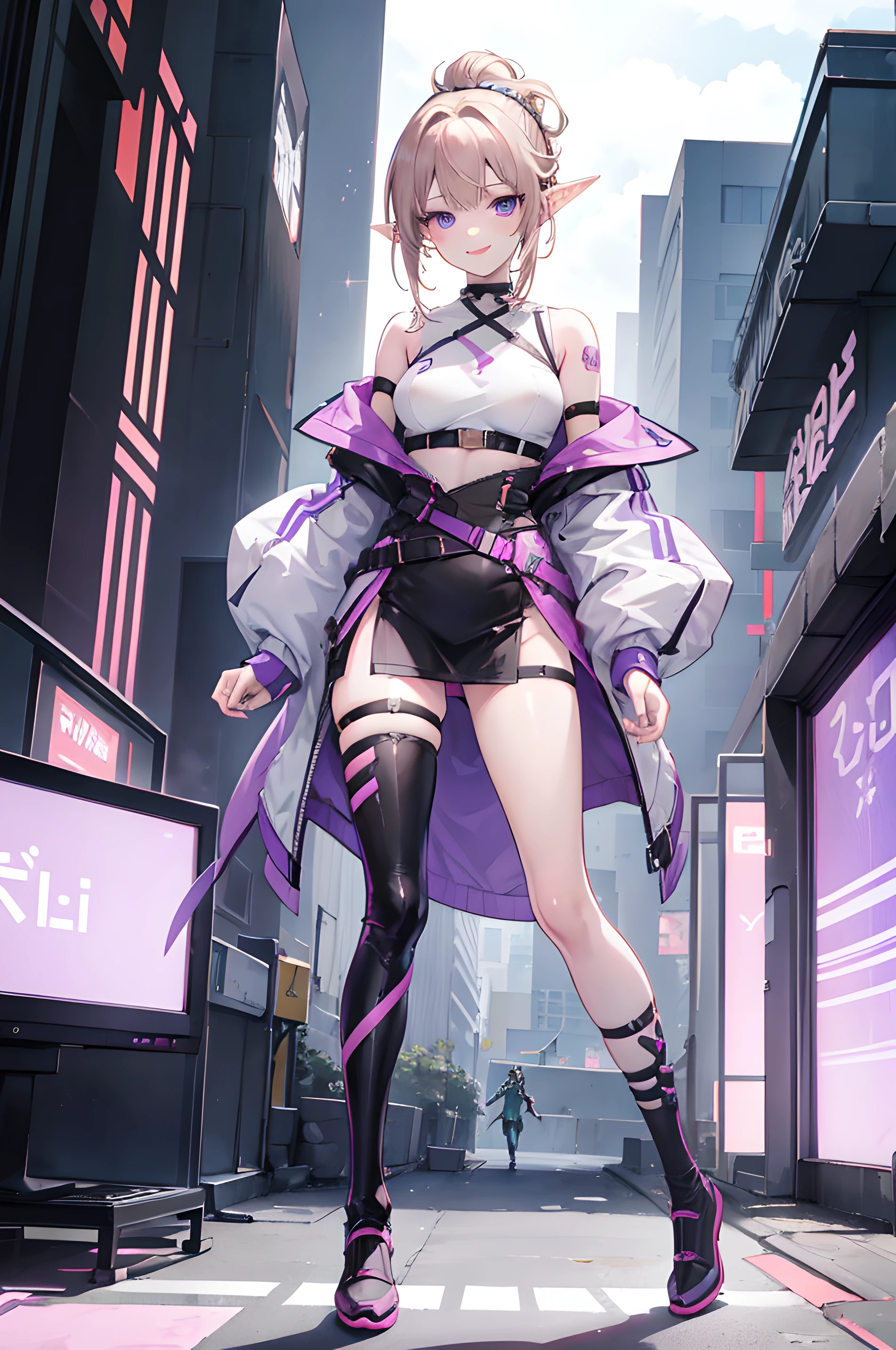 1 girl, pastel colours, brown-hair, violet eyes, hair up to the shoulders, elf ears, Cyberpunk clothes, Shoulders open, Hands open, skinny waist, Happy smile with long tongue sticking out, Long tongue, full length, legsupms, Reference, Anime Reference, Reference of the character from different angles, whitebackground