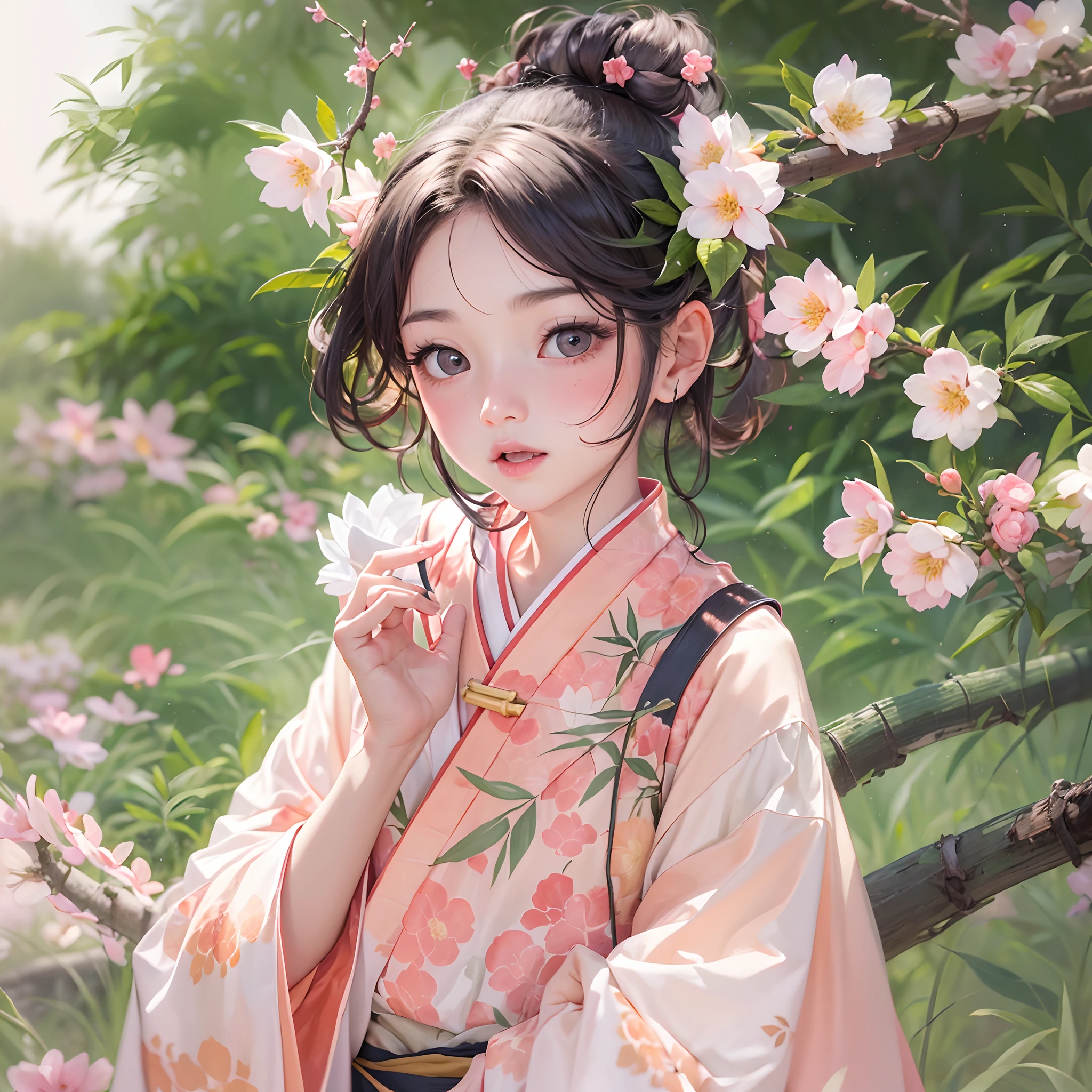 In a garden full of peach blossoms,a girl,anatomy correct,wearing a hanfu,Delicate facial features,The skin is delicate and rosy,Black colored eyes,with short black hair,Tie your hair into a bun,earnest,(Read a bamboo sketch),tmasterpiece,A high resolution,high detal,3Drenderingof