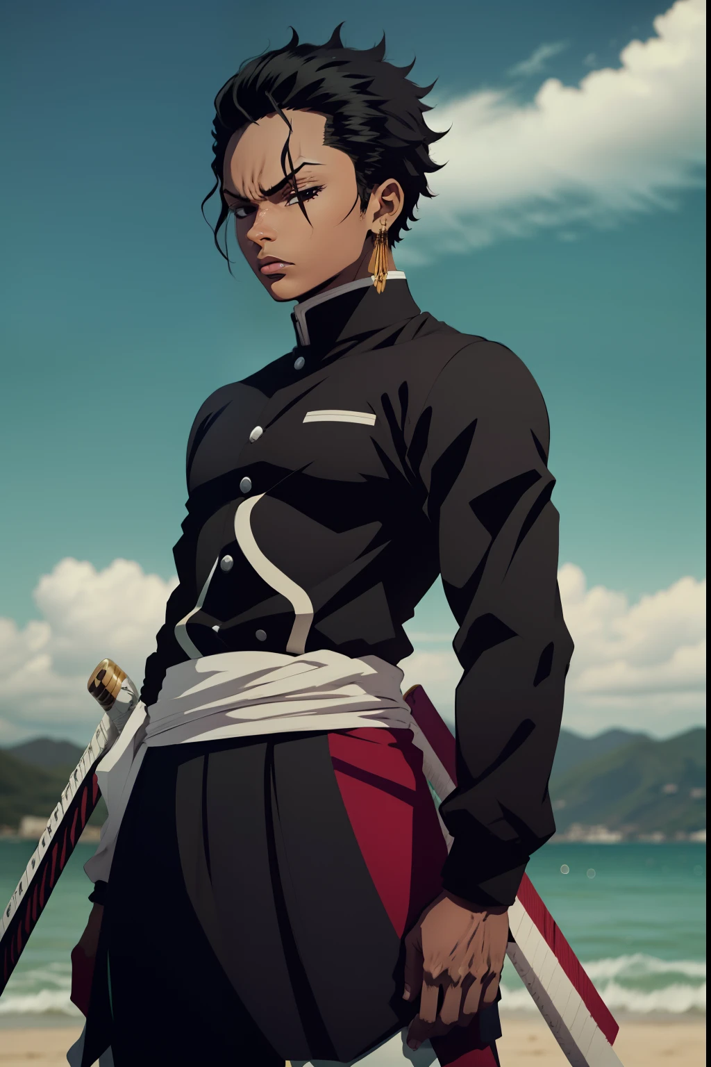 beautiful black young man, zoro hairstyle, black hair, wind, bleach pose, uniforme demon slayer, espada vermelha, maneiro, olhor proporcionais