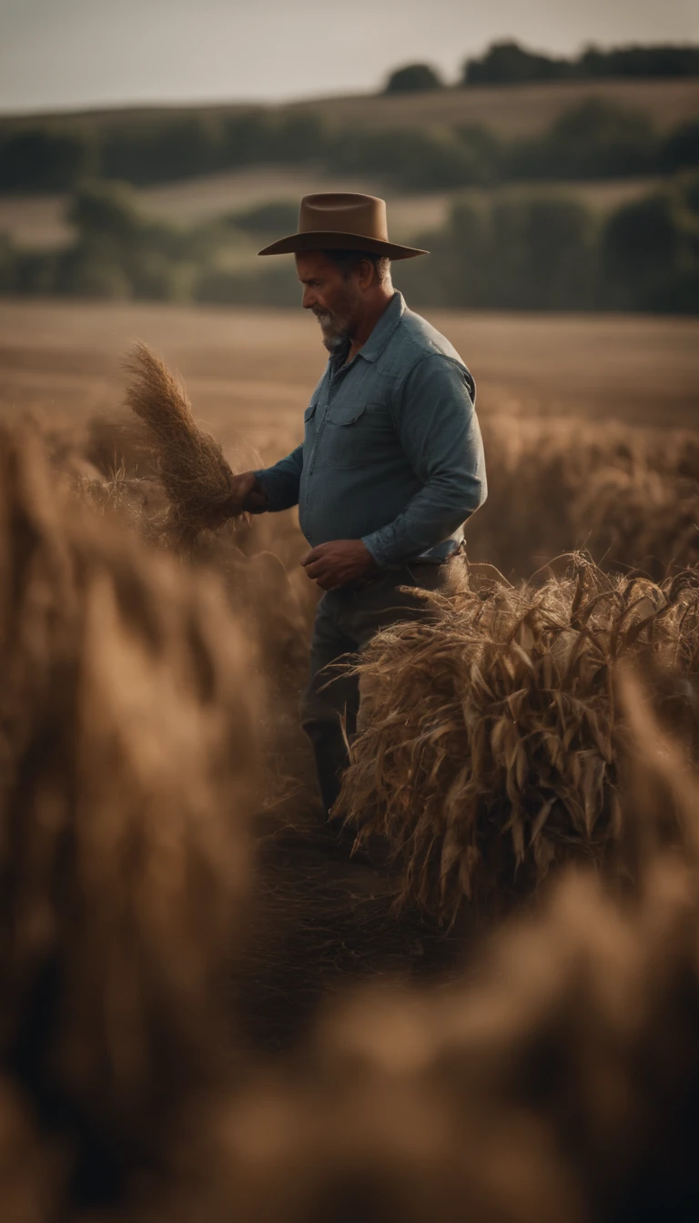 um homem com roupas de agricultor, jogando sementes no campo