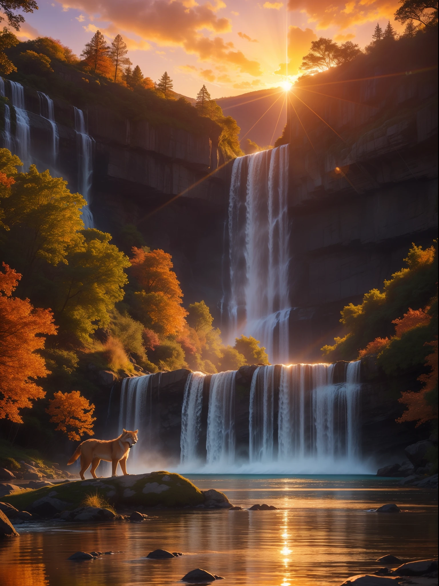 The sunrise paints the sky with shades of orange and pink as the cub wolf watches the waterfall, creating a spectacle of dazzling colors over the serene landscape. The golden rays of the morning reflect on the water drops of the waterfall, Creating a truly magical setting.
