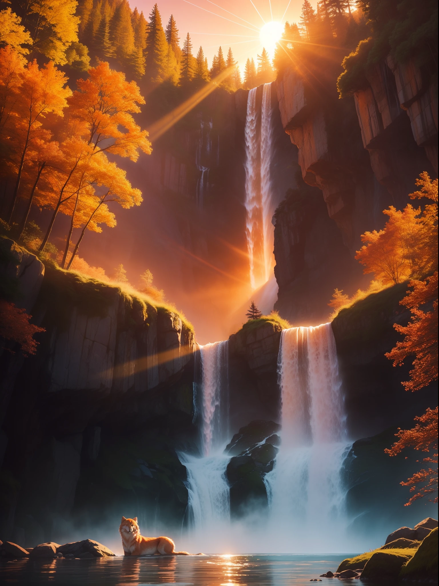 The sunrise paints the sky with shades of orange and pink as the cub wolf watches the waterfall, creating a spectacle of dazzling colors over the serene landscape. The golden rays of the morning reflect on the water drops of the waterfall, Creating a truly magical setting.