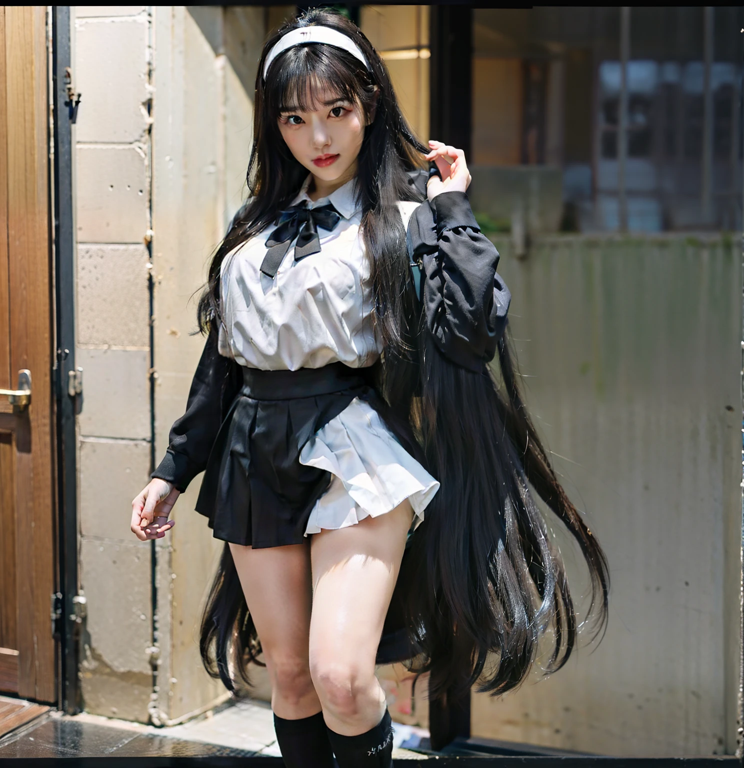 Black Straight Hair Idol、full body Esbian、High school girl uniform(Black Mini Skirt)、Looks fun、rather large breasts、A tall、Good Style、White headband、