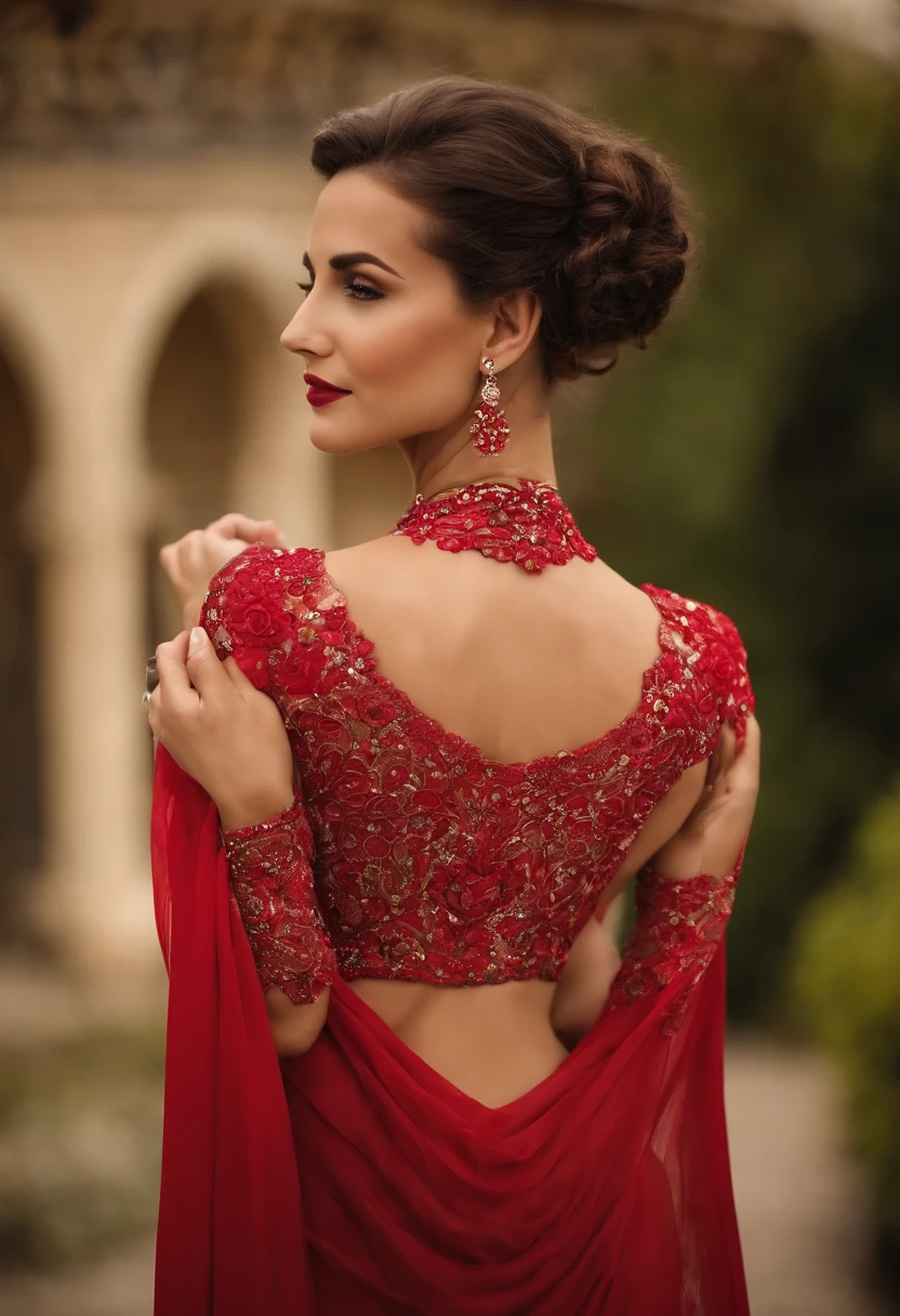 Mujer muy joven, De espalda, trasero gigantes, mujer posando figura de cuerpo entero, cuerpo y cara hermosos y detallados, figura hermosa, sonrisa, figura de reloj de arena, foto de cuerpo entero, cuerpo y cara hermosos y detallados, piel clara, colores brillantes, cuerpo estilo hiper realista ,ropa vestido rojo, caderas anchas, trasero gigante y redondo