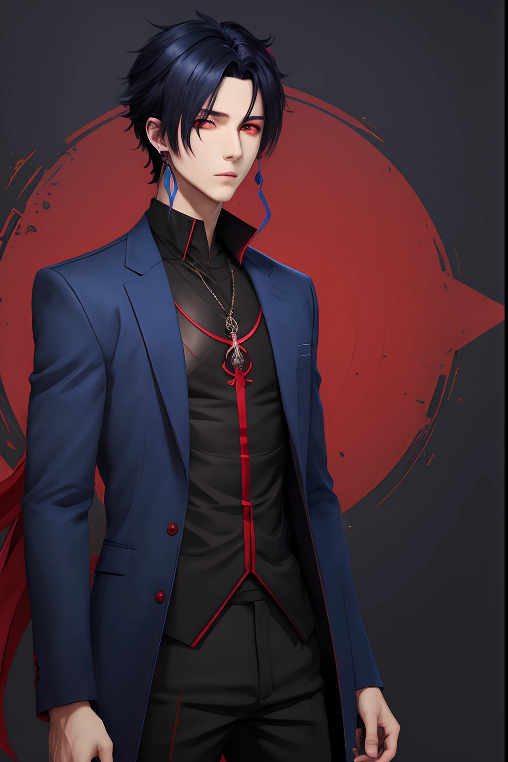 male anime character, Red eyes, Black hair, Long blue hourglass earrings, Blue, Clothes in red and black tones, Male