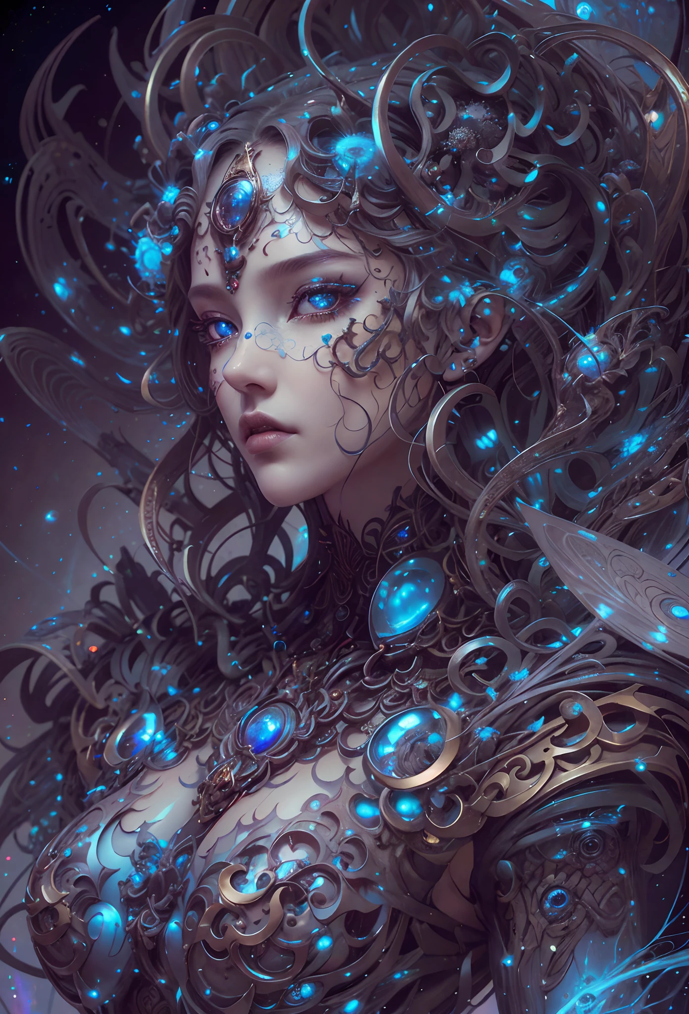 (Masterpiece, Superior Quality, Best, Official Art, Beautiful and Aesthetic, Long Exposure: 1.2), Smooth Movement, Charming Patterns, 1 Girl, (No Cleavage: 1.4), (Long Dress with Sleeves: 1.3), Long Blue Dress, (Small Breasts: 1.2), Bare Shoulders, Adult Russian Woman, Freckles, Black Wolf Hair, Portrait, Solo, Upper Body, Looking at the Observer, Detailed Background, Detailed Face, (CrystallineAI, crystalline theme: 1.1 ), elemental water sprite, spinning water, water control, diamond clothes, dynamic pose, floating particles, ethereal dynamics, water, steam, ocean in the background, blue hue, coast, ethereal atmosphere,