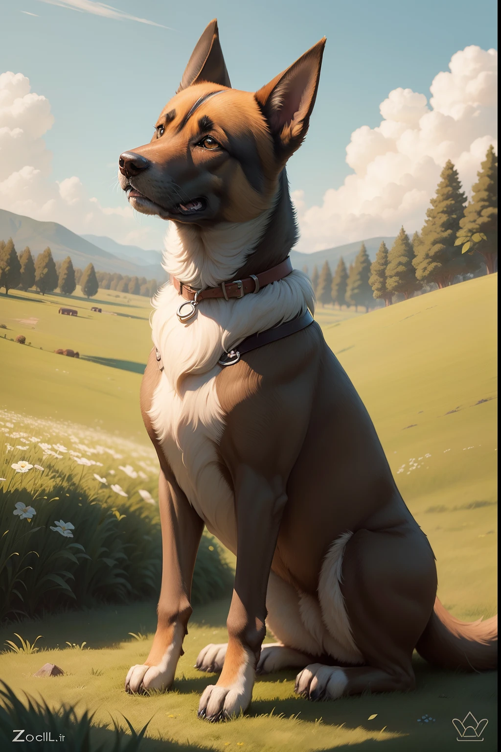 There is a dog standing in the grass with a view of the mountains in the background, charizard animal hybrid dog, a Basenji mascot, stylized fox - similar appearance, fierce - looking, canine, adult dog, Aggressive Posture, Regal Pose, dog, an ancient, powerful pose, Japanese dog, half dog, The Basenji is a very old breed, studies of its DNA date back to the beginning of the breed into prehistory. Cave paintings found in Libya date back to around 6000 BC and already featured a dog very similar to Basenji in some hunting scenes. It is believed that during the time of the pharaohs he was worshiped and earned the title of sacred dog. Its origin is considered to be in what is now known as the Democratic Republic of the Congo, although very similar subspecies can be found throughout the African continent. The Basenji was used as a hunting dog for birds and antelopes, as a guide in the bush or forest and also had the role of guardian of villages. Country of origin: Central Africa.