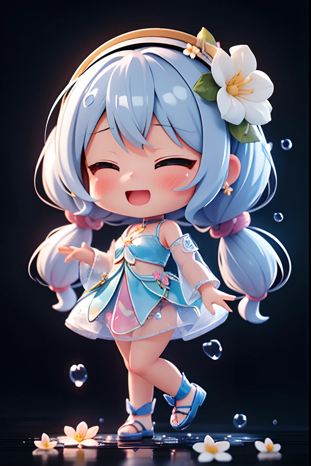 photoRealstic、Doll standing in front of the painting(nendroid)、Water droplets on the cheeks、Happy singing face、Sengai、pixiv、rokoko、dollfie dream、watercolor Nendoroid、(High Definition Figure)、Flowing iridescent silk、up of face、Eye Up、Bikini swimwear(with floral pattern)、There are also flowers in front of the nendroids、flower petals、water dripping、Shot through a glass full of water droplets.、season!!: 夏天☀ 🍂