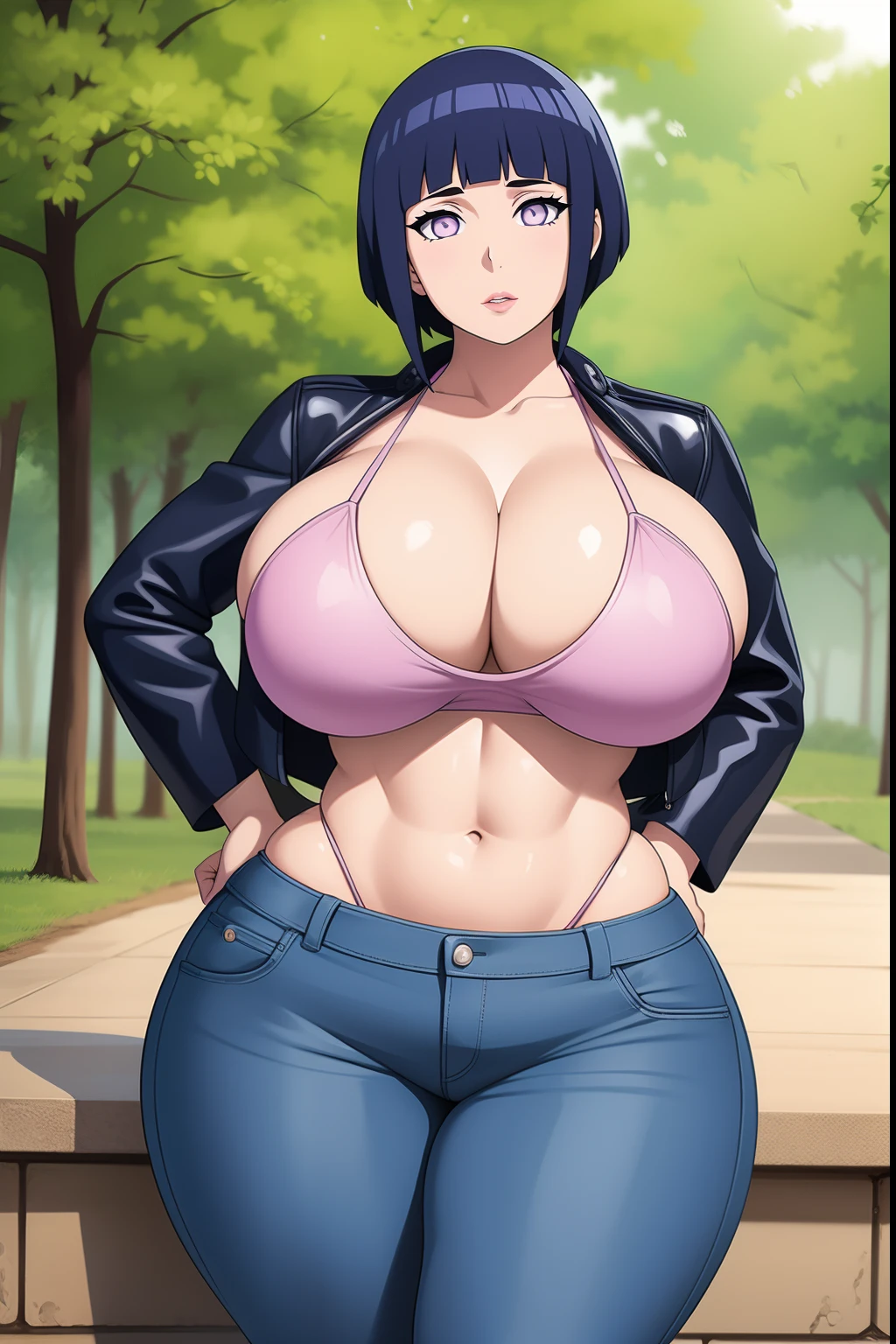 Hinata Hyuuga, 1girl, ((bimbo))), short blue hair, puffy lips, painted lips, thick lips, wide hips, thick thighs, enormous round breast, huge ass, bimbo face, , Round Breasts , muscular stomach abs, shiny skin, breasts squeezed together, enormous huge natural breasts, natural breasts, blue jeans, leather jacket, hanging breasts, posing,