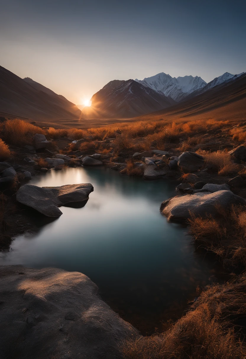 Magnificent view，Sunrise dawn，Qinghai Heidu Mountain landscape photography，Pale sunrise, Vast northwest，（Qinghai Heidu Mountain landform），mountain ranges。lakes，Odd Peak，Boulder cliffs，desolated，Aloneness,Cold, foggy sky，Not dazzling morning sun，Nightmare vision，Dark fantasy plot，Perfect and excellent composition，8K分辨率，the detail，limitations，Close-up ultra-wide angle shot，Cool background，Jack Guzman's environmental art photography，realisticlying，cinematic compositions，A high resolution，vividness, A detailed, stunning skies,Colorful clouds float，true to life, Pubic area is clear, flawless perfection, Digital SLR, , 1024, 2048, 4096, A detailed, Sharp, best qualtiy, high qulity, absurderes，unmanned background，The is very detailed、Detailed lighting shadows，Trends on ArtStation、iintricate、high detal、dramatics、（Volumetriclighting：1.2）hdr shot。（Close-up，Super deep view，ultra-wide-angle，Microfocal length lens：1.2）（realisticlying：1.4）tmasterpiece、high high quality、Beautiful photography