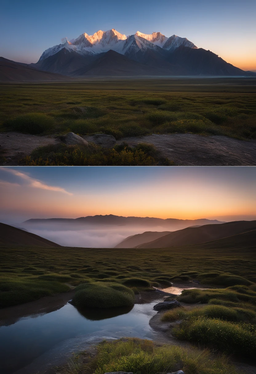 Magnificent view，Sunrise dawn，Qinghai Heidu Mountain landscape photography，Pale sunrise, Vast northwest，（Qinghai Heidu Mountain landform），mountain ranges。lakes，Odd Peak，Boulder cliffs，desolated，Aloneness,Cold, foggy sky，Not dazzling morning sun，Nightmare vision，Dark fantasy plot，Perfect and excellent composition，8K分辨率，the detail，limitations，Close-up ultra-wide angle shot，Cool background，Jack Guzman's environmental art photography，realisticlying，cinematic compositions，A high resolution，vividness, A detailed, stunning skies,Colorful clouds float，true to life, Pubic area is clear, flawless perfection, Digital SLR, , 1024, 2048, 4096, A detailed, Sharp, best qualtiy, high qulity, absurderes，unmanned background，The is very detailed、Detailed lighting shadows，Trends on ArtStation、iintricate、high detal、dramatics、（Volumetriclighting：1.2）hdr shot。（Close-up，Super deep view，ultra-wide-angle，Microfocal length lens：1.2）（realisticlying：1.4）tmasterpiece、high high quality、Beautiful photography