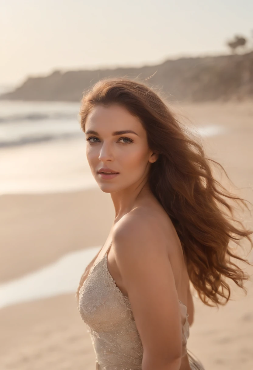Demi-tir du corps, Maillot de bain de couleur or, The sea in the background, sunny day, femme cheveux bruns courts, High quality photo , metisse skin ,yeux gris