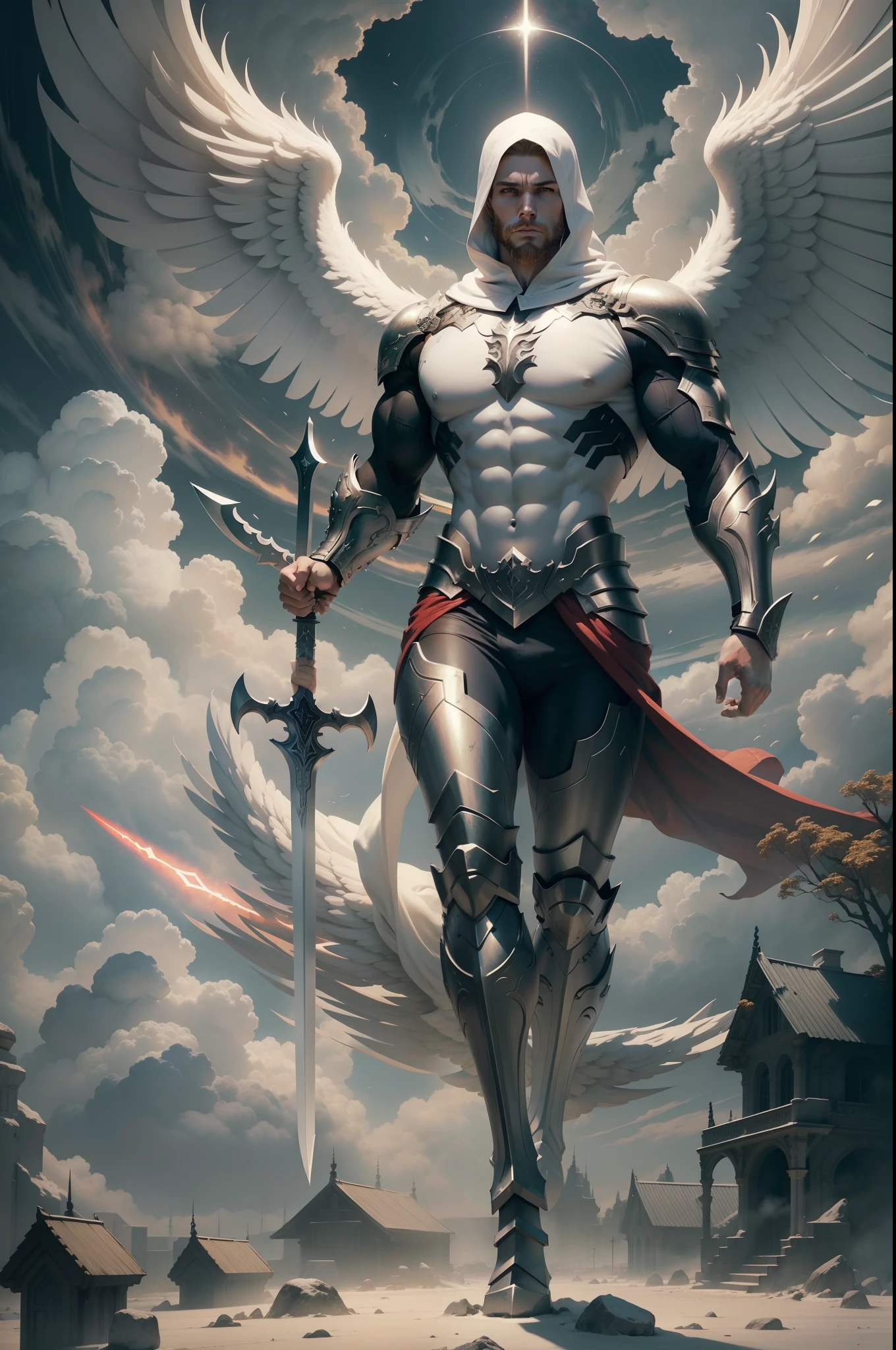 Fearless White Male Angel, full body, huge muscle mass, white armor, barrel chest, with extremely long avenging great sword, tip of sword touches the ground, Apocalypse, dooms day, Illustration, cinematic light, high resolution, best quality, ultra detailed, masterpiece,