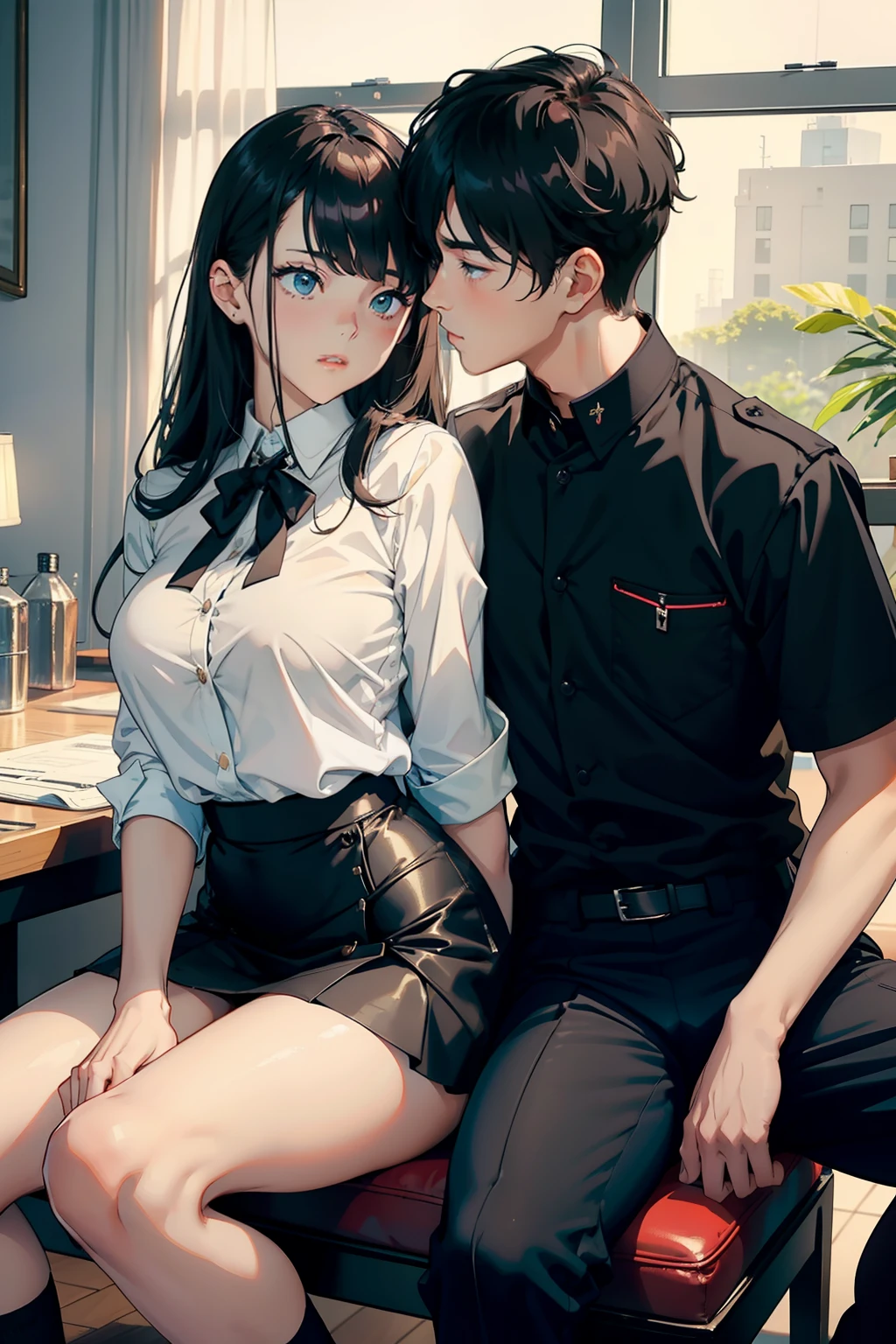 top-quality　​masterpiece　Male and female couples　Girl sitting on a chair wearing a tight skirt over a blouse。Boys hugging each other from behind。Boys wearing high school long pants uniforms with mash cut hairstyles。Without glasses、Revenge relationship, hot kidig breasts, hot boys