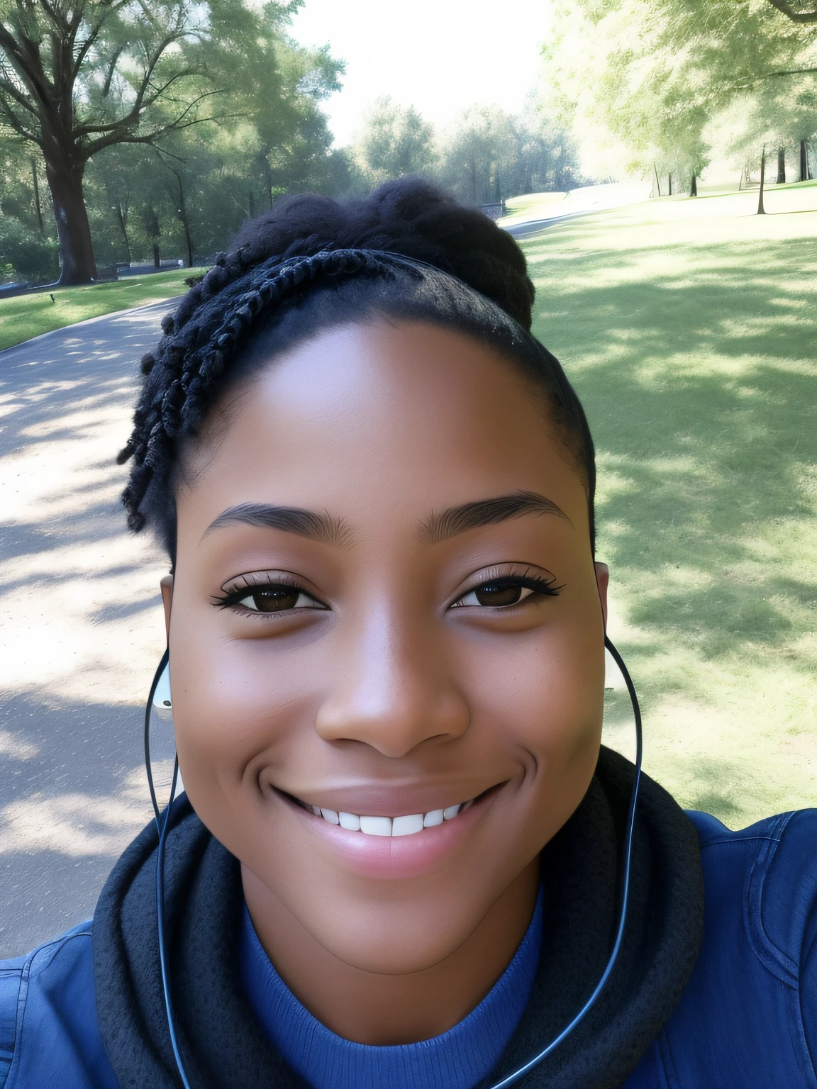 smiling woman with earphones on in the park with trees in the background, selfie of a young woman, from the front, selfie shot straight on angle, on a bright day, african american young woman, front portrait, taken in the early 2020s, front facing the camera, by Robert Lee Eskridge, 1 / 2 headshot, mid-20s