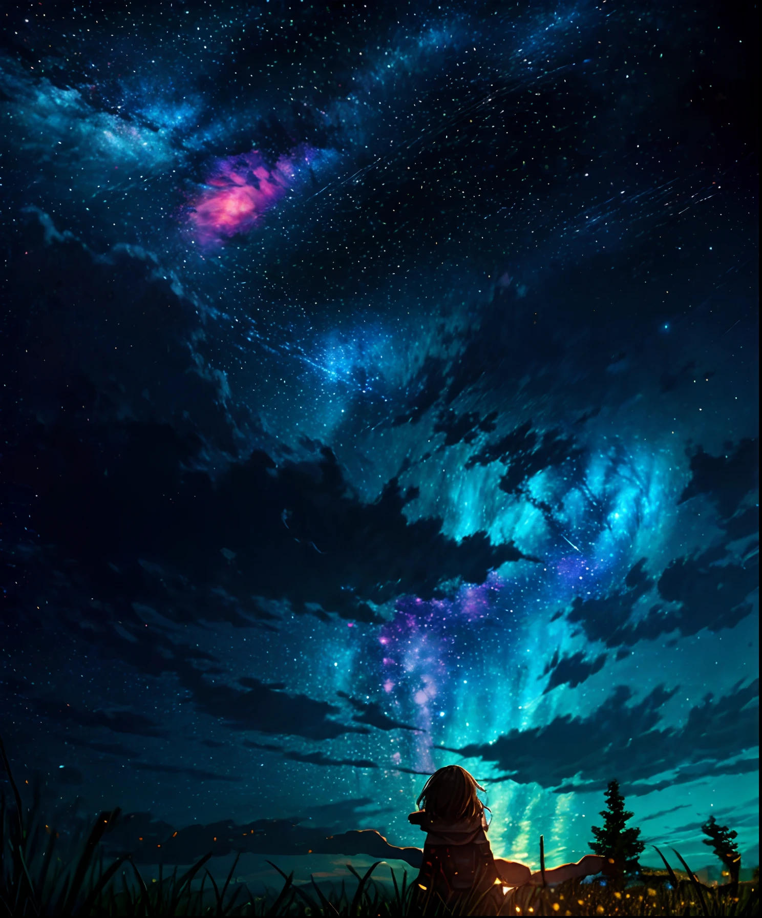 Describe a scene where a cute girl character is lying on a grassy hill, Looking up at the starry sky. Surround her with colorful nebulae and her favorite constellations.