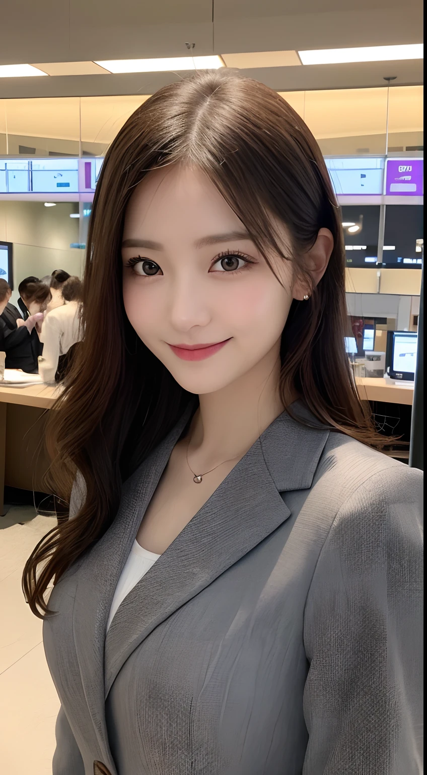 masutepiece、hight resolution、Company Secretary、Beauty Secretary、Career Woman、22-year-old girl、1girl with、Looking at the camera、The background is the company reception、smil、Finish as shown in the photo、a beauty、the skin is white and beautiful、Hair should be tied back、