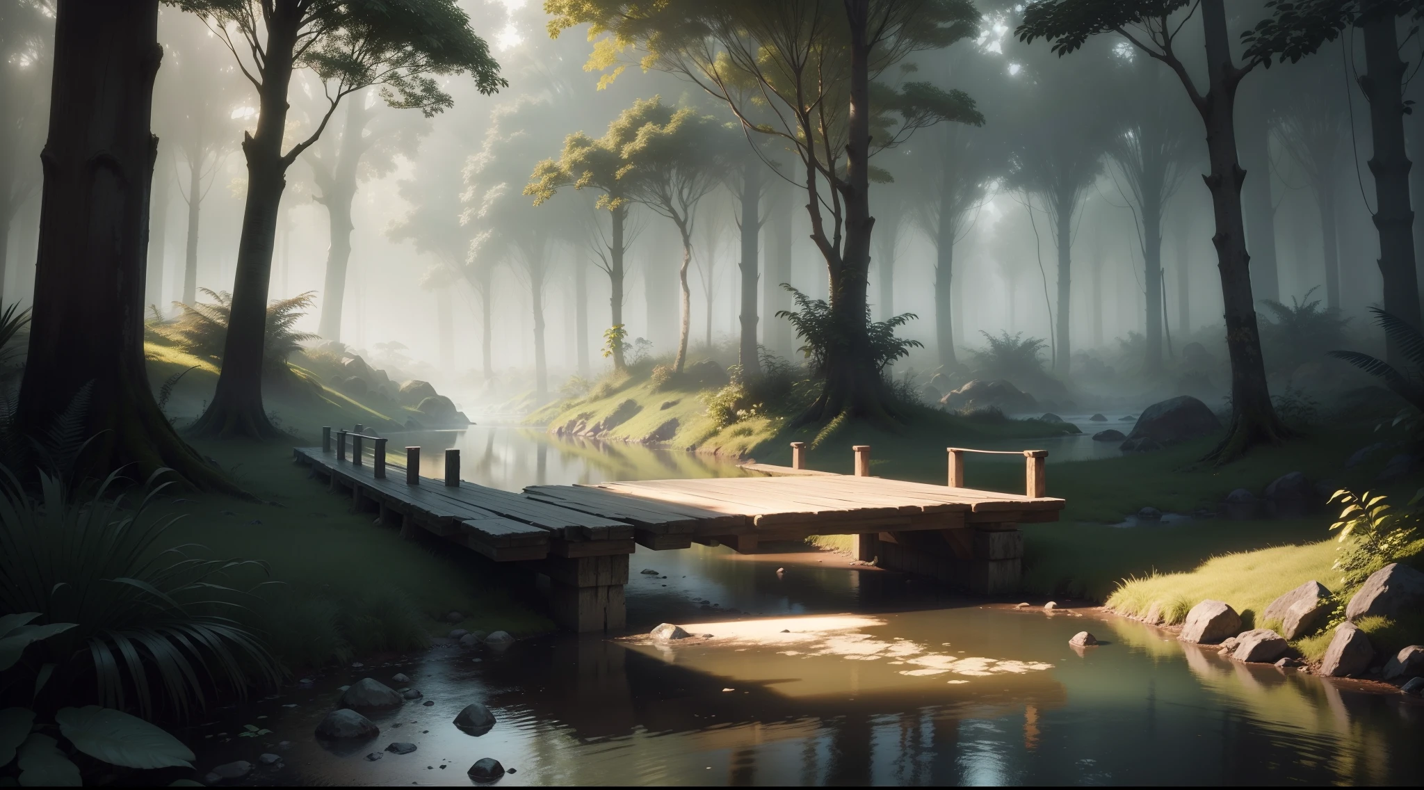 There is a small bridge crossing a small stream in the Amazon rainforest, ambiente altamente detalhado, ambiente hiper-realista, cinematic forest lighting, realistic wooden swamp, ambiente florestal, ambiente arborizado, renderizado em cryengine, floresta pesada, captura de tela fotorrealista, serene forest setting, Florestas. Skyrim estilo mapa, forest setting, Ambiente ultradetalhado, Volumetric light and mist, forest scenery