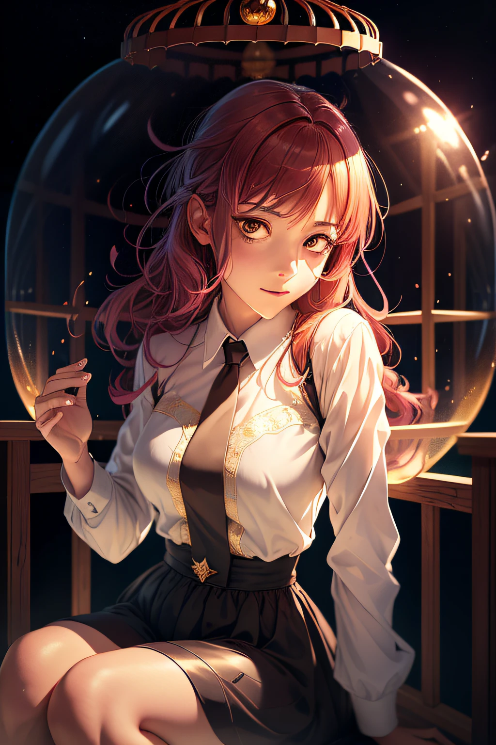 layla (masutepiece), (Best Quality), (ultra-detailliert),(disheveled hair),(Illustration), (1girl in), beautiful finely detailed eyes,Delicate beautiful face,floating,(High color saturation),(Colorful splashes),colorful bubble,(Shining),Focus on Face, Sitting in a glass ball, G;Bat cage, Golden Star and Lantern