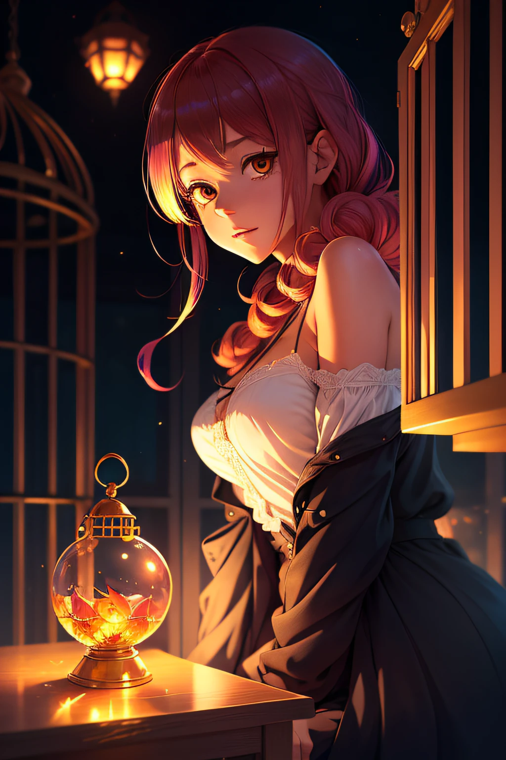 layla (masutepiece), (Best Quality), (ultra-detailliert),(disheveled hair),(Illustration), (1girl in), beautiful finely detailed eyes,Delicate beautiful face,floating,(High color saturation),(Colorful splashes),colorful bubble,(Shining),Focus on Face, Sitting in a glass ball, G;Bat cage, Golden Star and Lantern