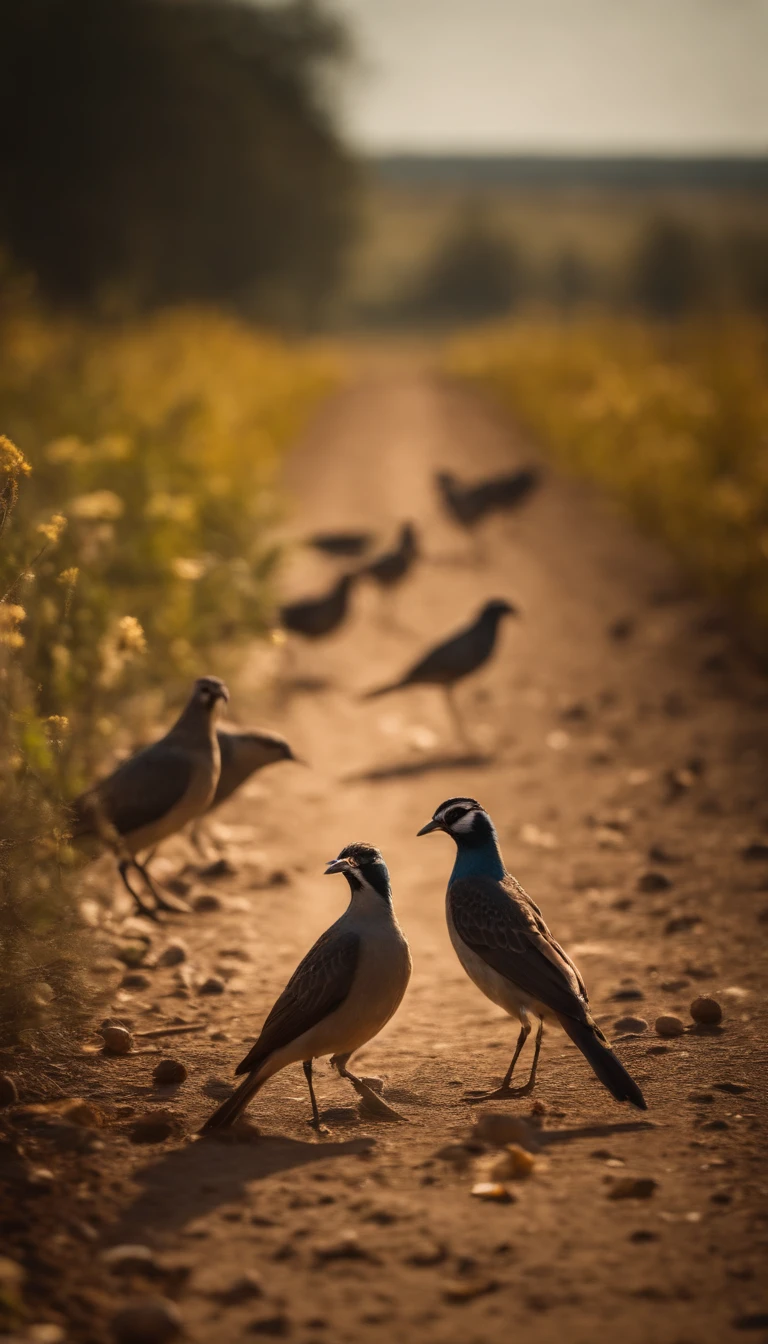 birds eating the seeds on the side of the dirt road