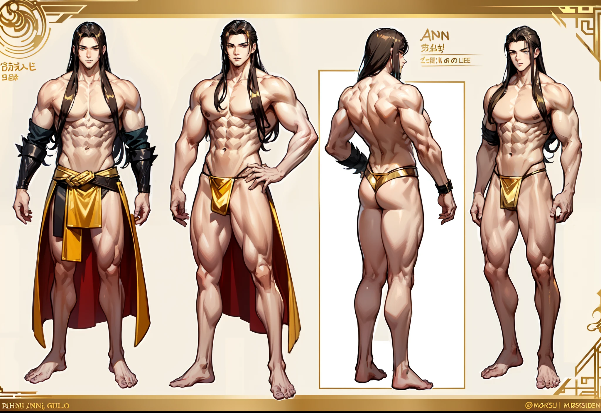 1boy, single, asian boy, reference sheet, character design, front angle, side angle, rear angle, dynamic poses, tall male, muscle tall male, (masterpiece:1.2), (best quality:1.3), fantasy outfit, muscle body, athletic body. (Gold eyes), (long hair), (long bangs), (gold hair), (pale skin), (reference sheet:1.5)