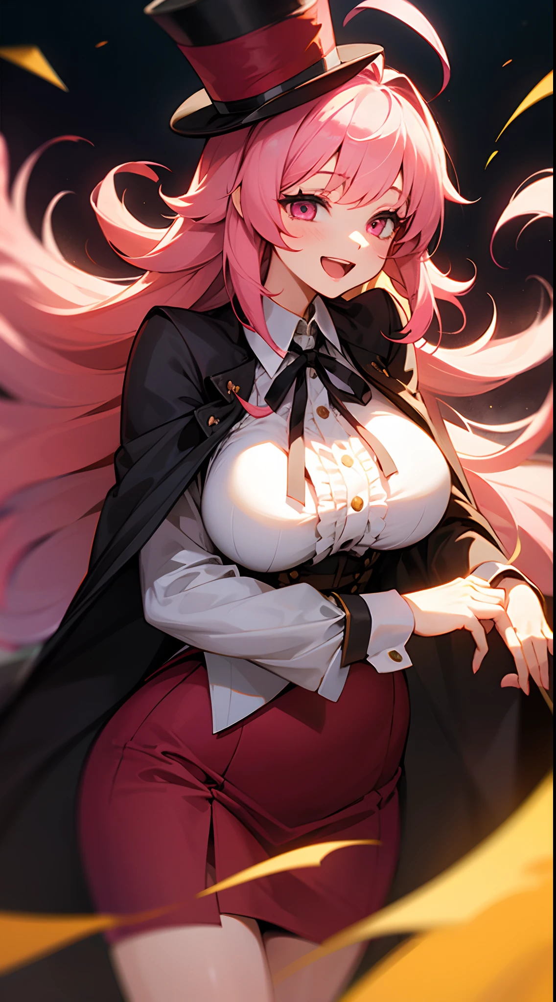 1 girl, game CG, frilly white shirt, short red skirt, cloak, top hat, neck ribbon, gigantic breasts, pink hair, long hair, straight hair, princess hairstyle, ahoge, pink eyes, embarrassing, wavy mouth,