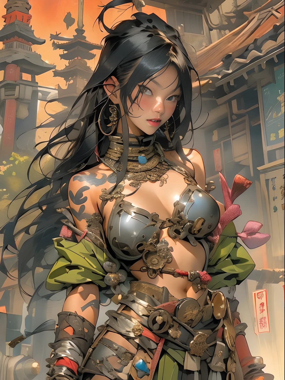 (((woman))), (((best qualityer))), (((tmasterpiece))), (((AS-Adult))), ((( Japanese ))), Look up from your knees, A beautiful asian samurai woman with perfect body, Modern samurai, ((( Asian))), Wear gloves on your hands,The left arm is made of steel and metal tips,Made of protective devices, The eyes are pulled, (( Appears below the breast )), (( Small dental floss )), Simon Bisley, Almost naked(Simon Bisley)Castle City Wilderness,For high-resolution posters, hair straight, Minimum clothing, armure (Crazy clothes ), Full of tips and rivets, tribal tattoos, (((full bodyesbian))), Straight brunette hair,Colored hair ends