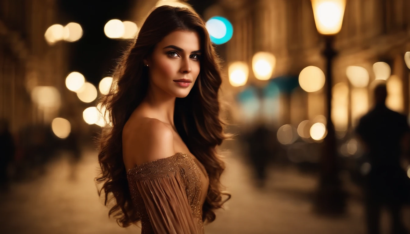 cute young woman, long brown hair, Brown eyes, empress, Pleated skirt dress, Street Lighting, Neon, Bustling street background,(navel:1.1,princess eyes), upper class, Royal style family, High Quality, masterpiece, high-detail, full body shot