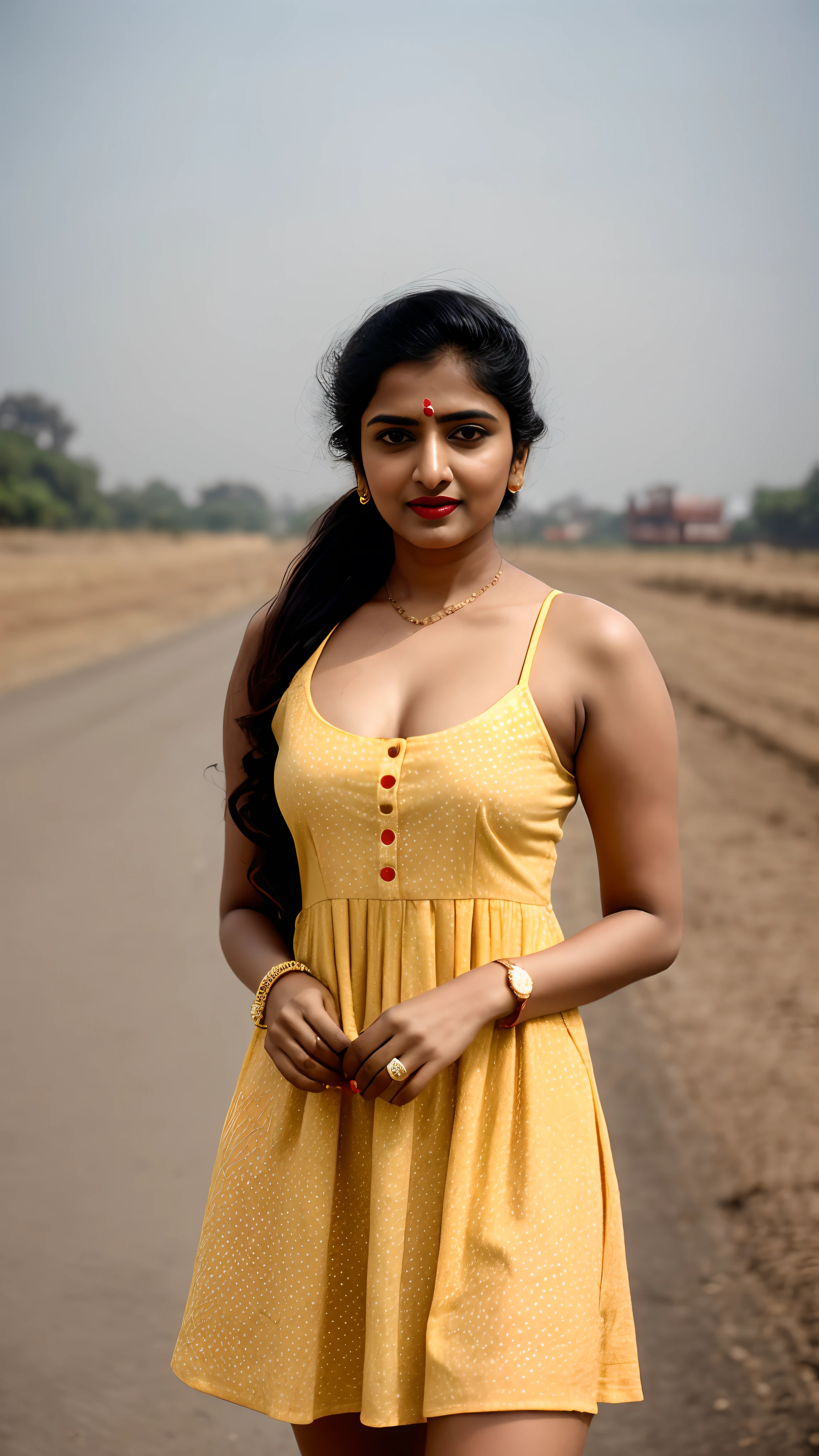 Richa Soni ((RAW, analog style)), face, extremely detailed full body color photo of a 25 y.o girl, beautiful face, beautiful eyes, ((small nose)), big natural lips, ((fabric frock yellow)), small breasts, hourglass shape body, outdoor street delhi ((film grain, skin details, high detailed skin texture, 8k hdr, dslr)), indian female model Richa Soni , dark red lips, dark red lips, black color shorts, healthy body, Richa Soni , Richa Soni , Richa Soni indian actress