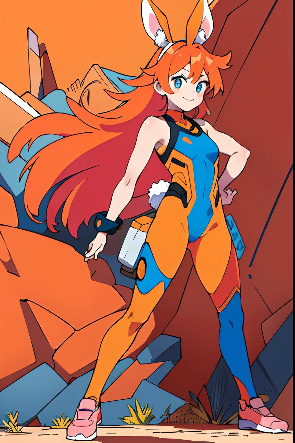 ((Best Quality)), ((Masterpiece)), ((Realistic)) tsuka kendou, 1woman, cute face, determined look, smile, long legs, full body, adult mature female (spiky orange-pink hair, (orange-pink mullet 1.1)), (very long hair), blue eyes, (white/yellow pupil,) hero, sleeveless blue spandex bodysuit, long orange-pink rabbit ears, desert oasis, tbcc illustration scenery, standing in front of a graffiti-covered wall, rebellious,