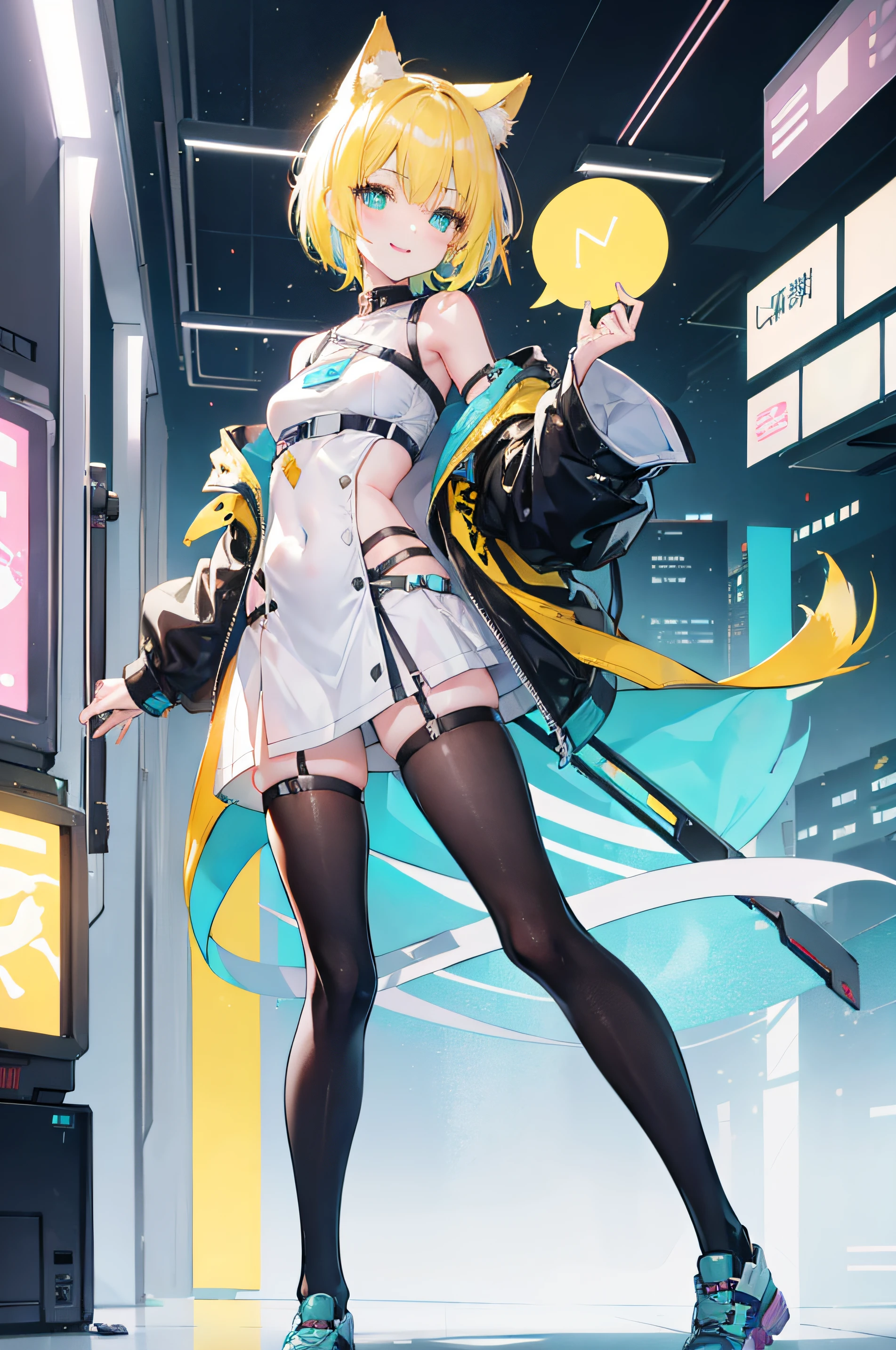 1 girl, pastel colours, yellow hair strokes, Cyan eyes, Short Hair Hair, Small cat ears, Cyberpunk clothes, A lot of hairpins on the hair, Shoulders open, Hands open, skinny waist, Happy smile with long tongue sticking out, Long tongue, full length, legsupms, Reference, Anime Reference, Reference of the character from different angles, whitebackground