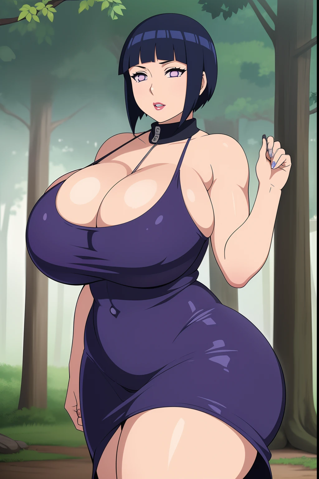 Hinata Hyuuga, 1girl, ((bimbo))), short blue hair, puffy lips, painted lips, thick lips, wide hips, thick thighs, enormous round breast, huge ass, bimbo face, , Round Breasts , muscular stomach abs, shiny skin, breasts squeezed together, enormous huge natural breasts, natural breasts, black dress, hanging breasts, posing,