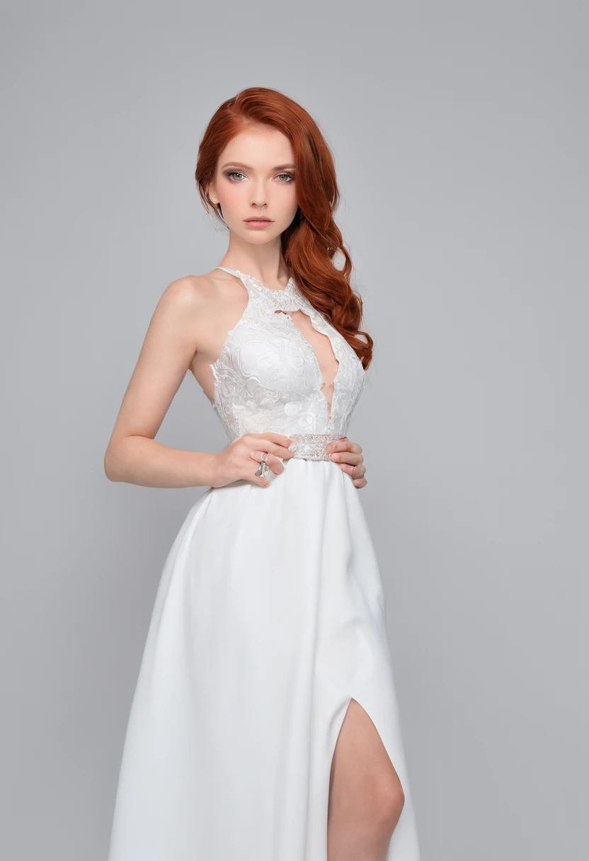 (Masterpiece artwork:1.3), (8k, photorrealistic, raw photography, the best quality: 1.4), smooth light, professional lighting, very beautiful, complete body, standing, pose sexy, Pure and clean beauty, shy, chestnut hair, in a city street., delicate white dress, beautiful and sweet face , green eyes ,