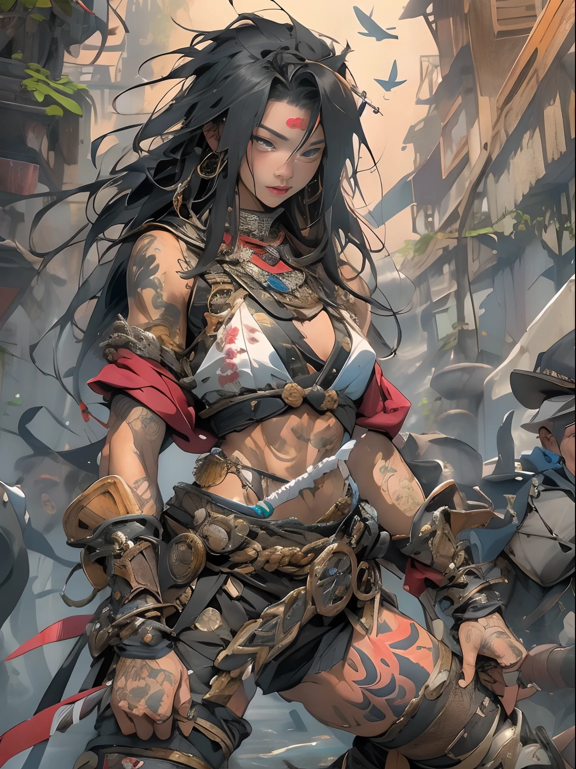 (((mtu))), (((best qualityer))), (((tmasterpiece))), (((AS-Adult))), ((( Japanese ))), Look up from your knees, Handsome Asian samurai,perfect body figure, Modern samurai, ((( Asian))), Wear gloves on your hands,The left arm is made of steel and metal tips,Made of protective devices, The eyes are pulled, (( Appears below the chest )), (( Small dental floss )), Simon Bisley, Almost naked(Simon Bisley)Castle City Wilderness,For high-resolution posters, hair straight, Minimum clothing, armure (Crazy clothes ), Full of tips and rivets, tribal tattoos, (((full bodyesbian))), Straight brunette hair,Colored hair ends