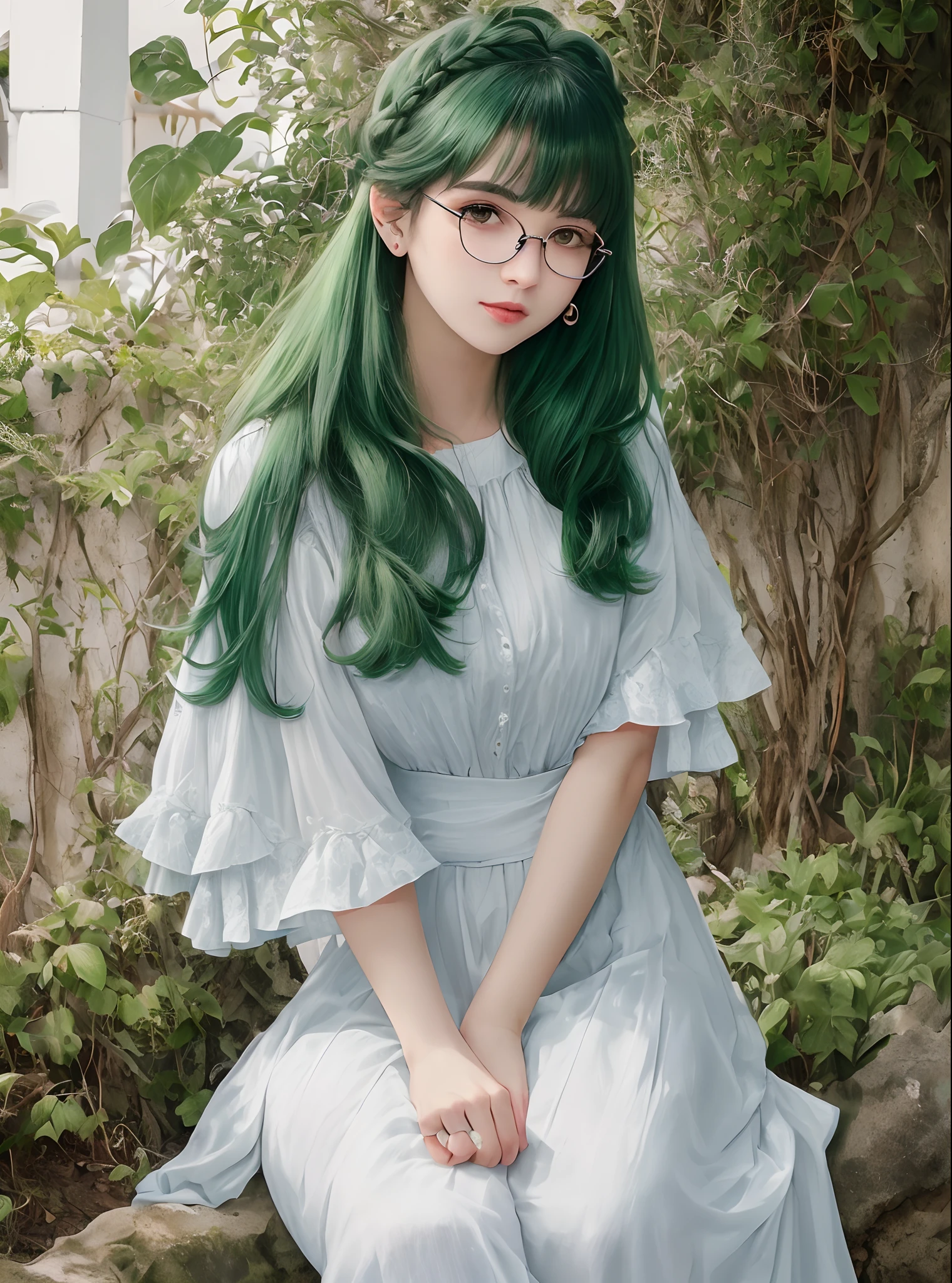 ((obra-prima)),(((melhor qualidade)),(folha de design de personagem, mesmo personagem, frente, lado, costas, various expressions), illustration, 1 , cor do cabelo verde, franja, penteado longo preso , olhos verde esmeralda, Environment Scene change, pose variada, feminino, eyeglass, charturnbetalora, (fundo simples, fundo branco: 1.3)