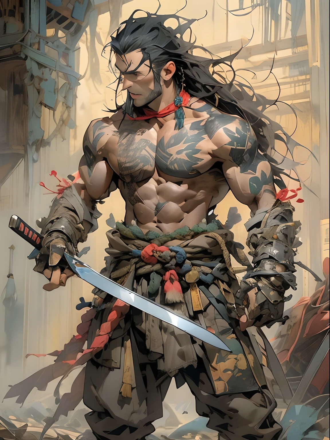 (((mtu))), (((best qualityer))), (((tmasterpiece))), (((AS-Adult))), ((( Japanese ))), Look up from your knees, Handsome Asian samurai,perfect body figure, Modern samurai, ((( Asian))), Wear gloves on your hands,The left arm is made of steel and metal tips,Made of protective devices, The eyes are pulled, (( Appears below the chest )), (( Small dental floss )), Simon Bisley, Almost naked(Simon Bisley)Castle City Wilderness,For high-resolution posters, hair straight, Minimum clothing, armure (Crazy clothes ), Full of tips and rivets, tribal tattoos, (((full bodyesbian))), Straight brunette hair,Colored hair ends