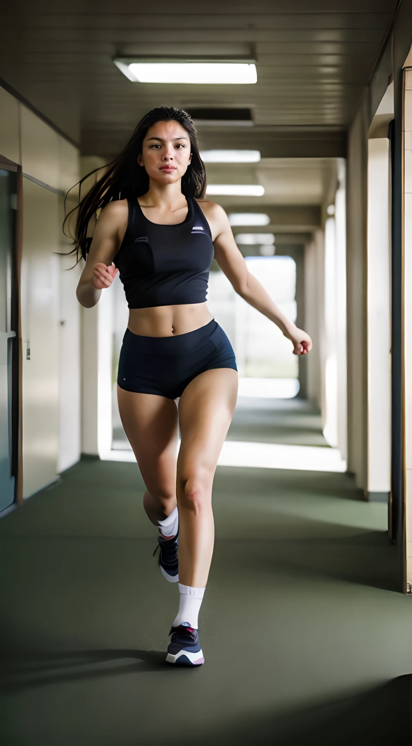 (Medium_shot:1.2), Best Quality, (8K, Raw photo, high angle full body shot,longshot,masutepiece:1.2), (Realistic, Photorealsitic:1.4), Realistic lighting,(1girl in),Bloomer gym clothes,Long straight hair,((thighs thighs thighs thighs,groin)),(Slender body,Brown skin),Sprinting through the high school hallways drenched in sweat